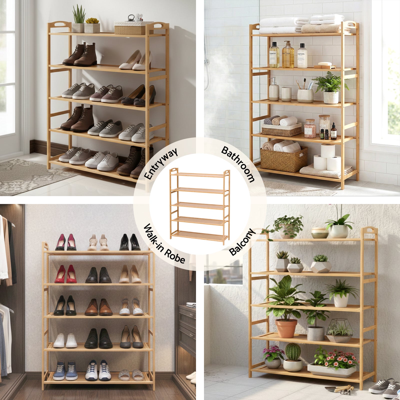 Artiss 5 Tier Shoe Rack Bamboo Storage Organiser Pine