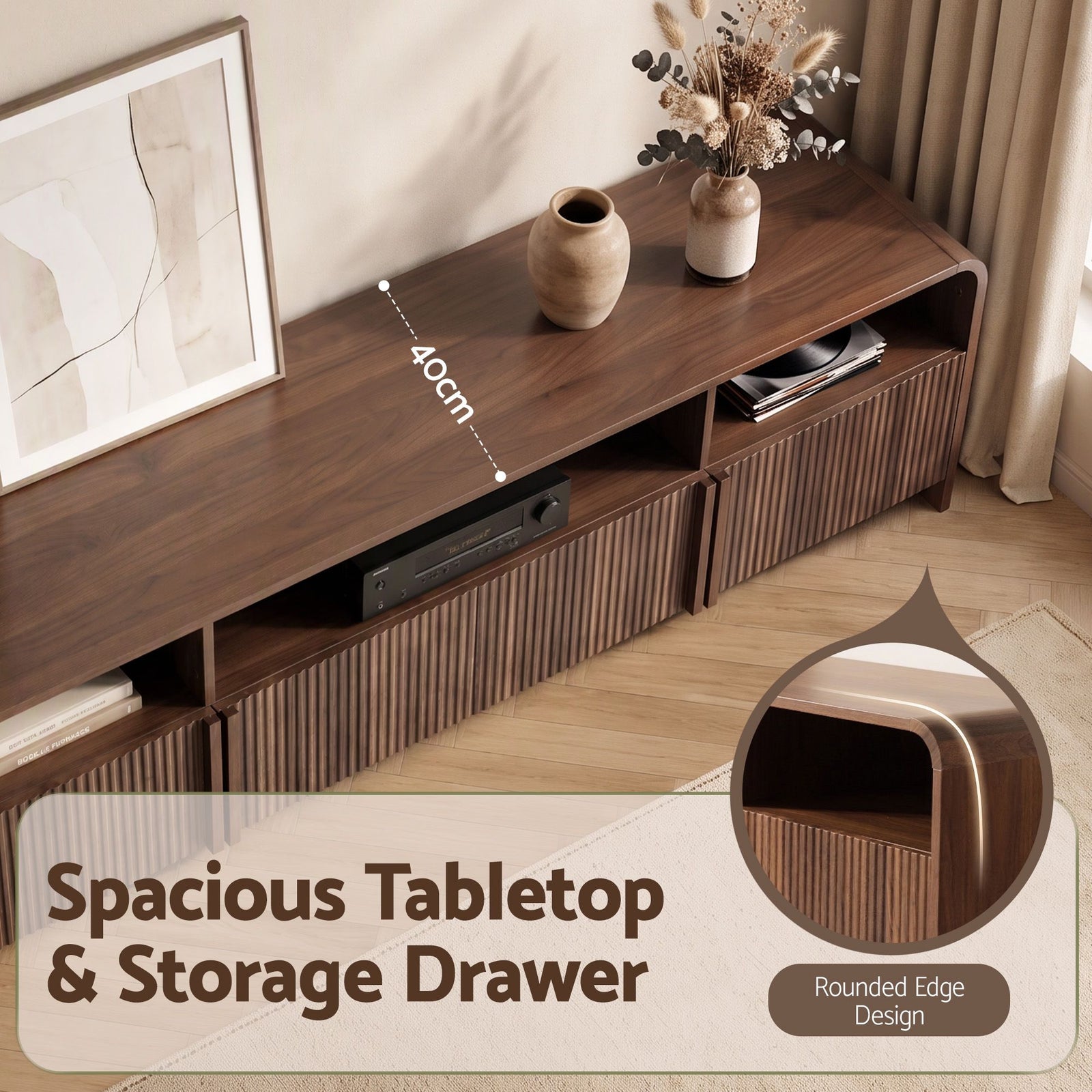 Artiss 180cm TV Unit Storage Cabinet Shelf Fluted Front Rounded Edge Anti-tip Kit Walnut