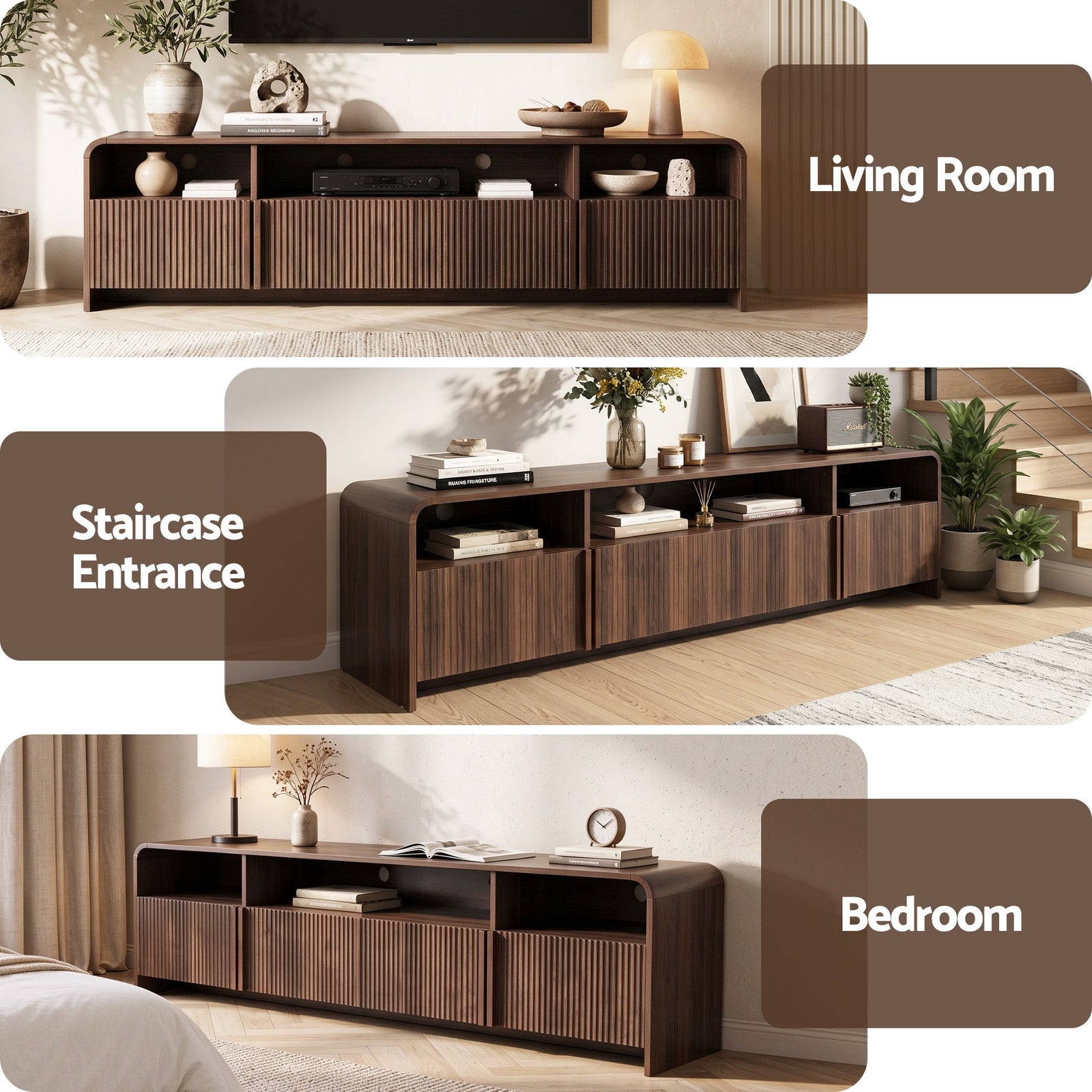 Artiss 180cm TV Unit Storage Cabinet Shelf Fluted Front Rounded Edge Anti-tip Kit Walnut