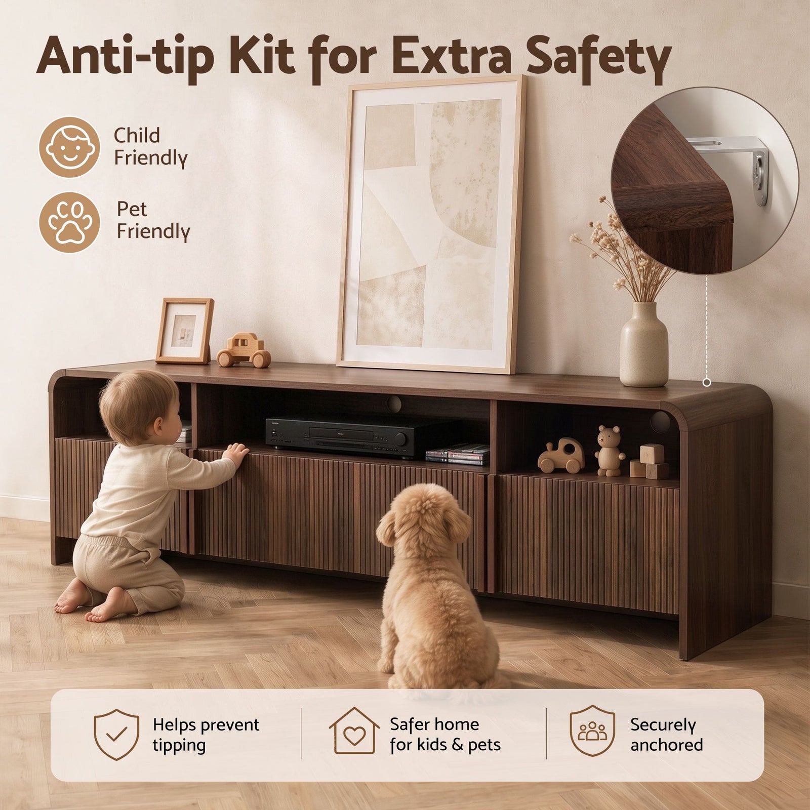 Artiss 180cm TV Unit Storage Cabinet Shelf Fluted Front Rounded Edge Anti-tip Kit Walnut
