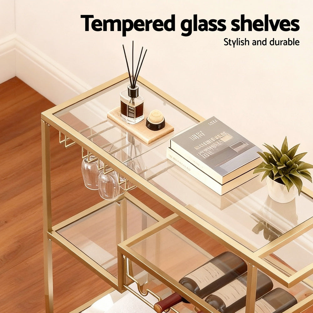 Artiss Bar Cart Drink Trolley Serving Cocktail Wine Rack Glass Holder 102cm Gold