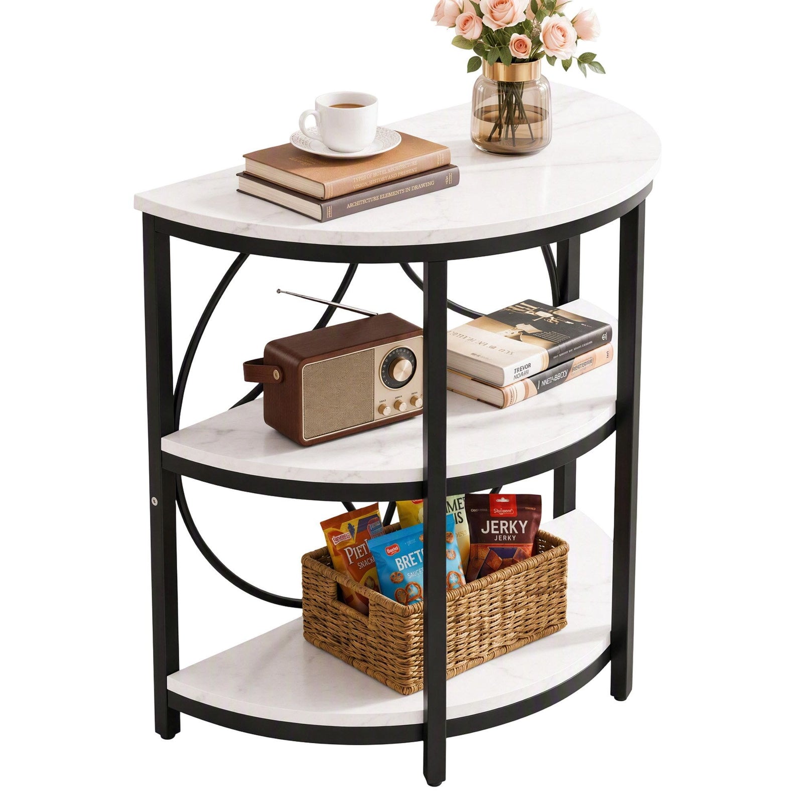 Artiss Semi-Circle End Table 3 Tier Coffee Table Side Nightstand Shelf Marble Effect White&Black