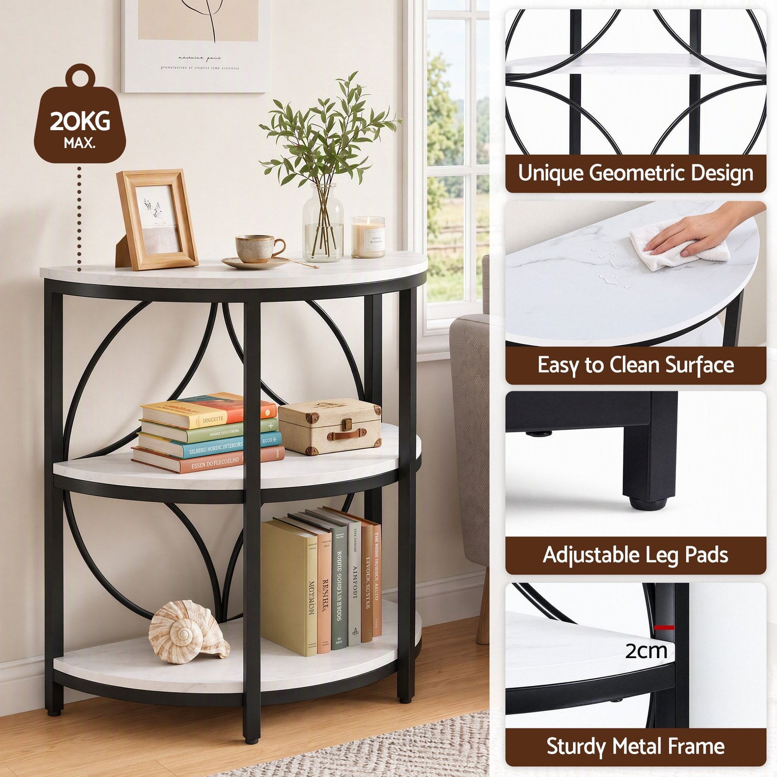 Artiss Semi-Circle End Table 3 Tier Coffee Table Side Nightstand Shelf Marble Effect White&Black