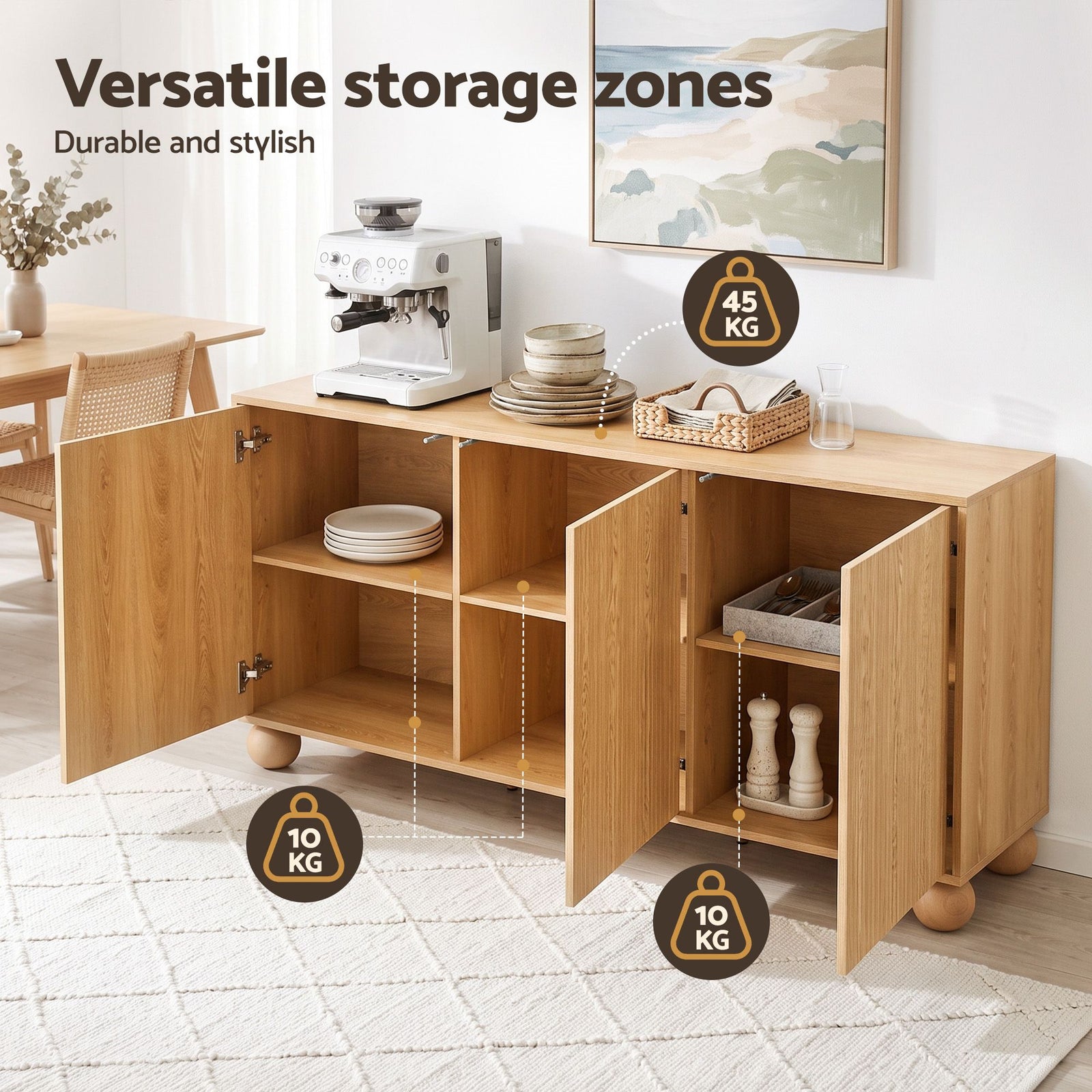 Artiss Buffet Sideboard Cabinet 2-Tier Fluted Kitchen Storage Ball Legs Pine