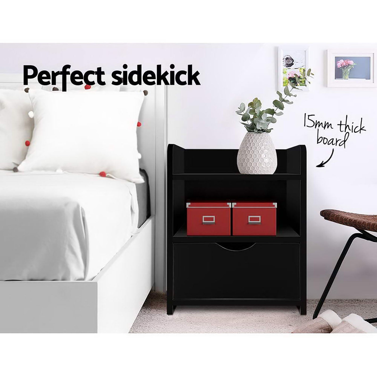 Artiss 2X Bedside Table 1 Drawer with Shelf - FARA Black