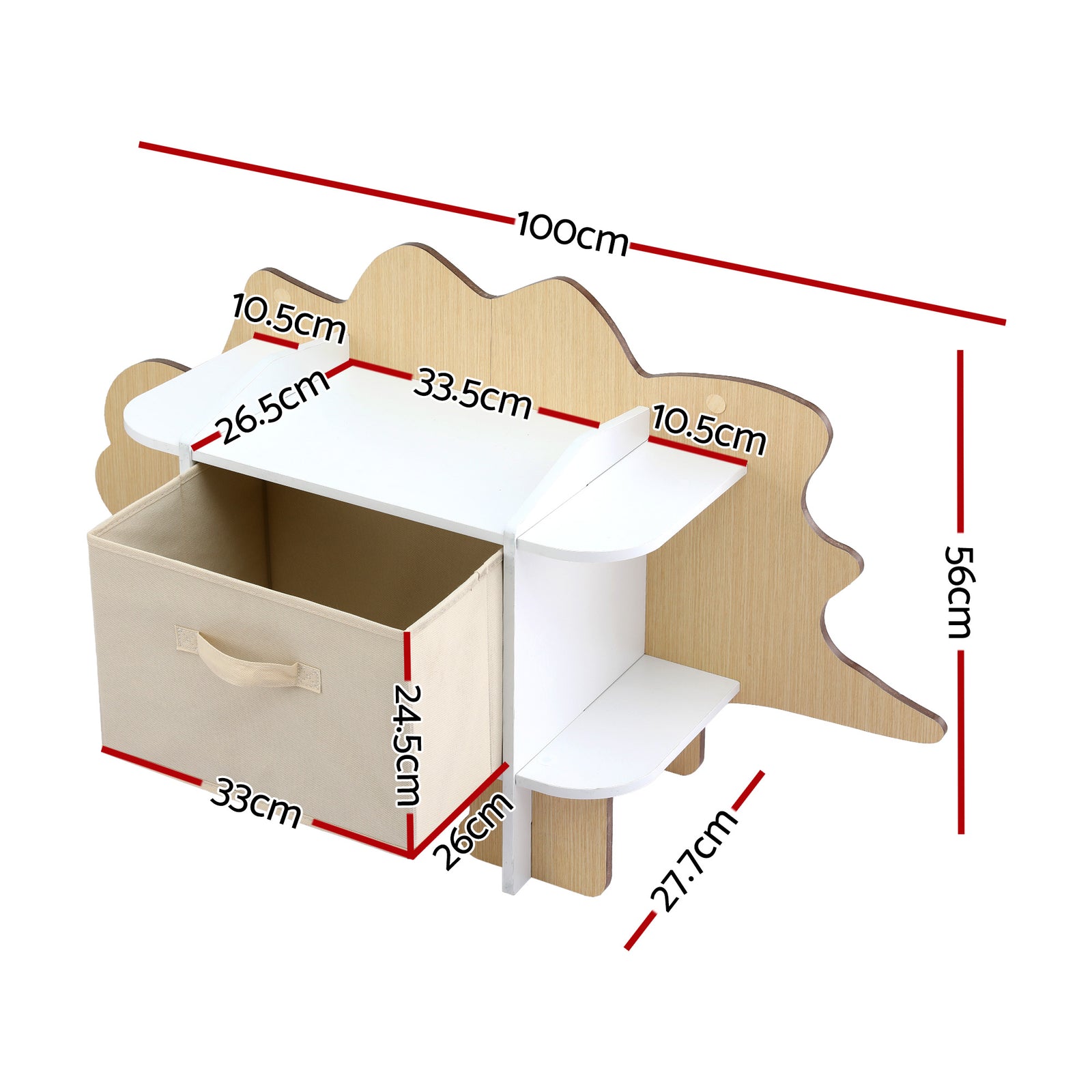 Keezi Dinosaur Kids Bookshelf 2-Tier Children's Bookcase Wooden with with Fabric Drawer, Toddler Bookshelf Toy Storage Organizer for Preschool, Kids Room, Playroom, Nursery