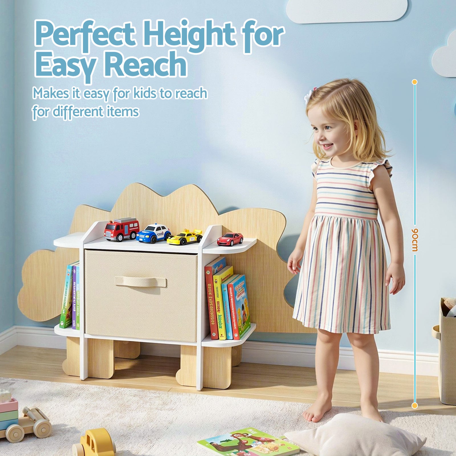 Keezi Dinosaur Kids Bookshelf 2-Tier Children's Bookcase Wooden with with Fabric Drawer, Toddler Bookshelf Toy Storage Organizer for Preschool, Kids Room, Playroom, Nursery