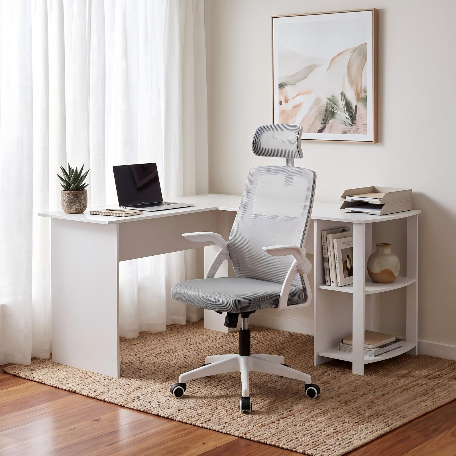 Artiss Home Office Desk and Chair Set, 136cm L Shaped Computer Desk with Shelves & Cable Management, Ergonomic Mesh Office Chair with Adjustable Headrest, Flip-Up Armrests