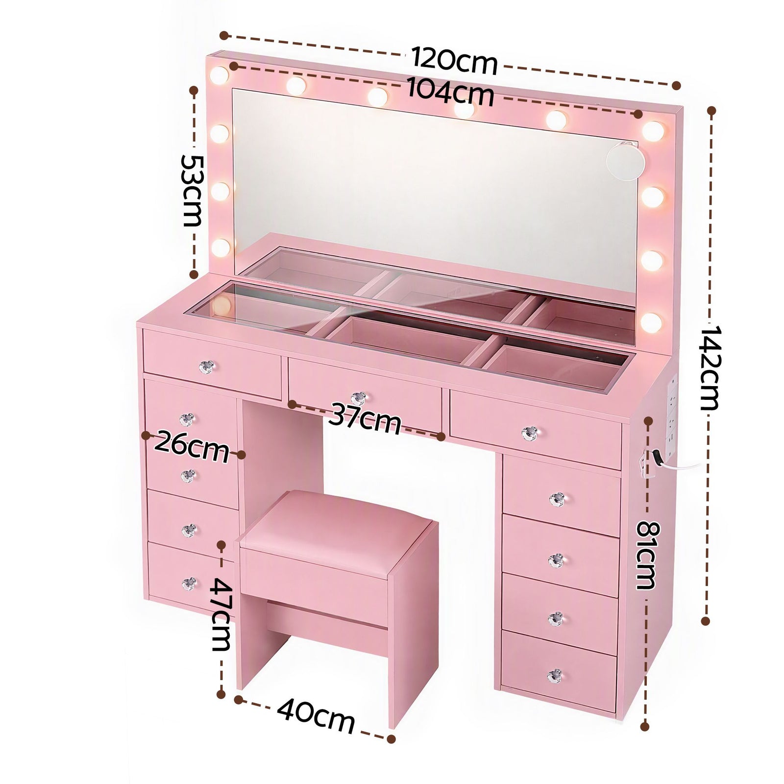 Artiss Dressing Table Charging Station LED Vanity Desk Set Stool Glass Top Make up Mirror Storage Drawer Pink