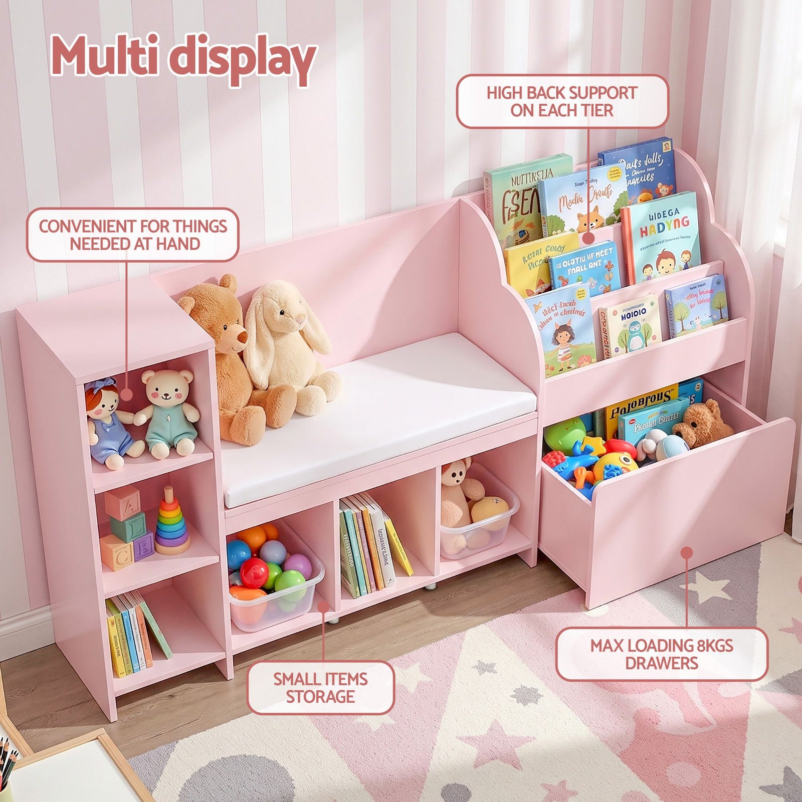 Keezi Kids Storage Unit Bookshelf Toy Box Organiser Bench Seat Cabinet 170cm Pink