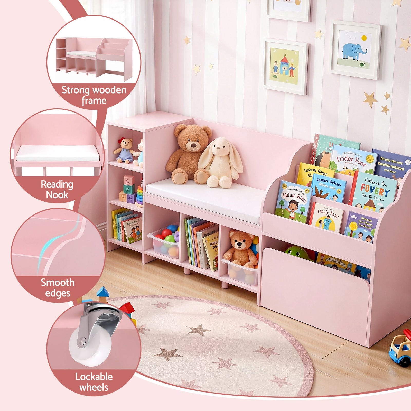Keezi Kids Storage Unit Bookshelf Toy Box Organiser Bench Seat Cabinet 170cm Pink