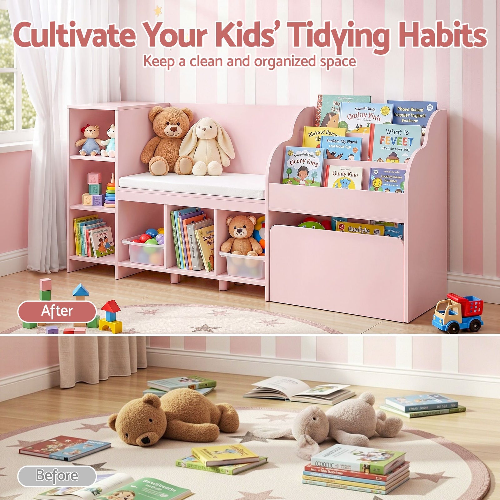 Keezi Kids Storage Unit Bookshelf Toy Box Organiser Bench Seat Cabinet 170cm Pink