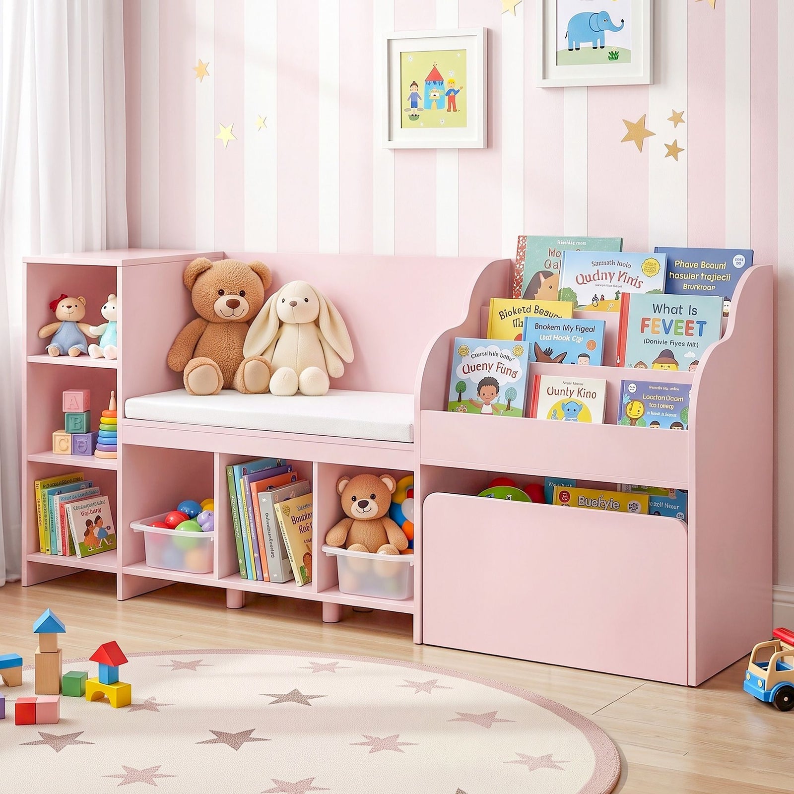 Keezi Kids Storage Unit Bookshelf Toy Box Organiser Bench Seat Cabinet 170cm Pink