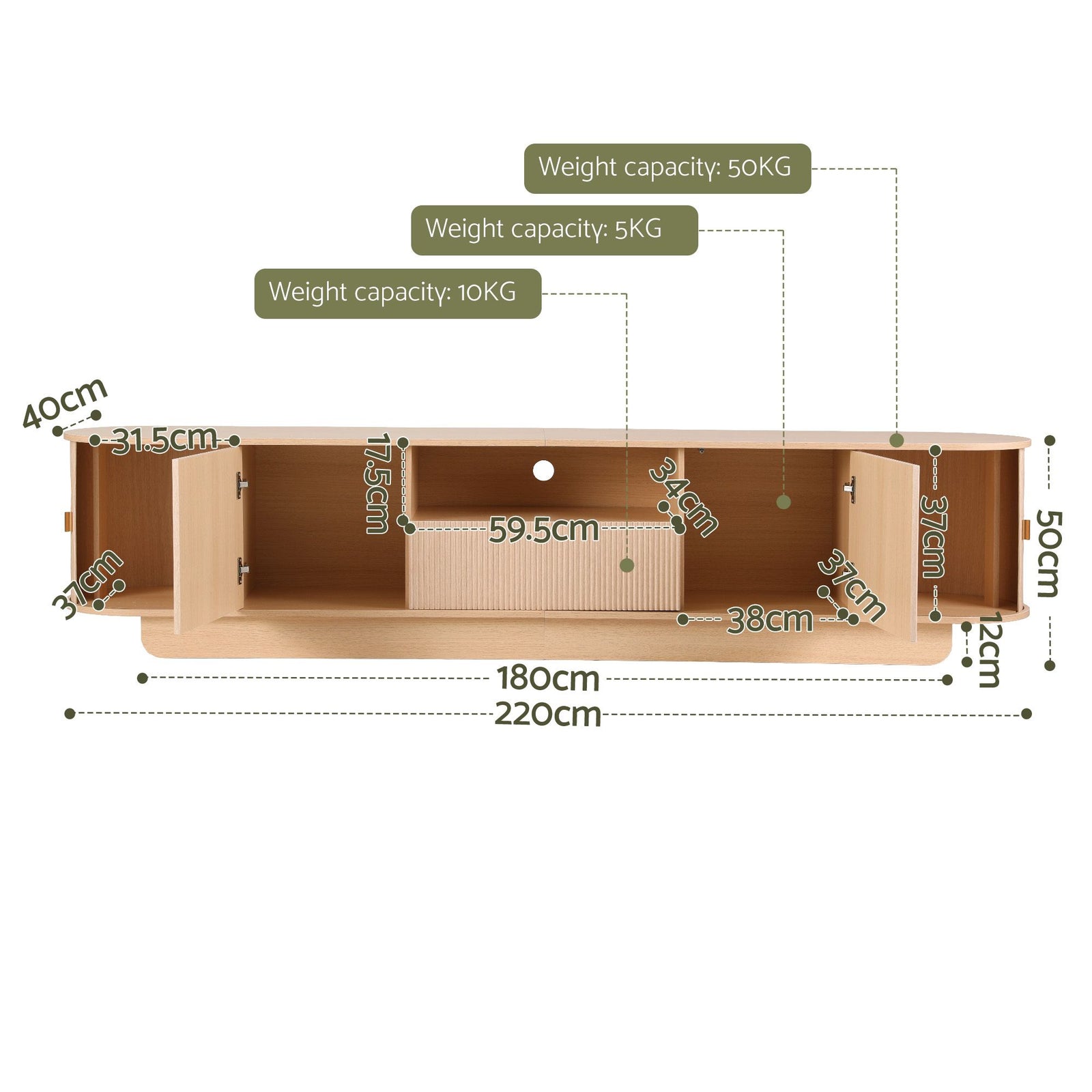Artiss 220cm TV Unit Rounded Edge Slide Side Cabinet Door Pine