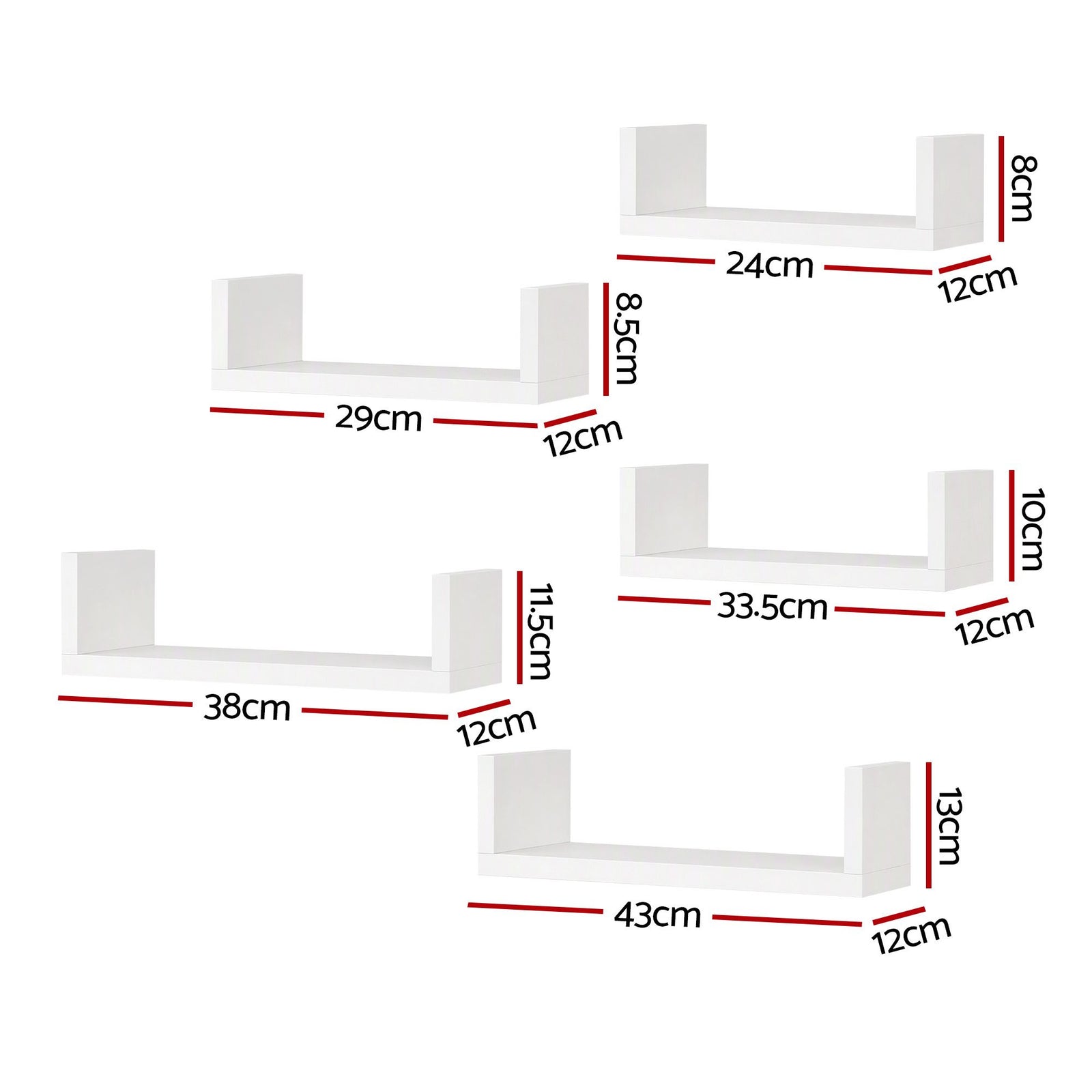 Artiss Floating Wall Shelves Set of 5 Mounted U-Shape Display Ledge, White
