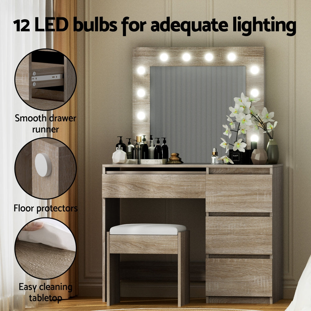 Artiss Dressing Table Set Stool 12 Led Bulbs Wood