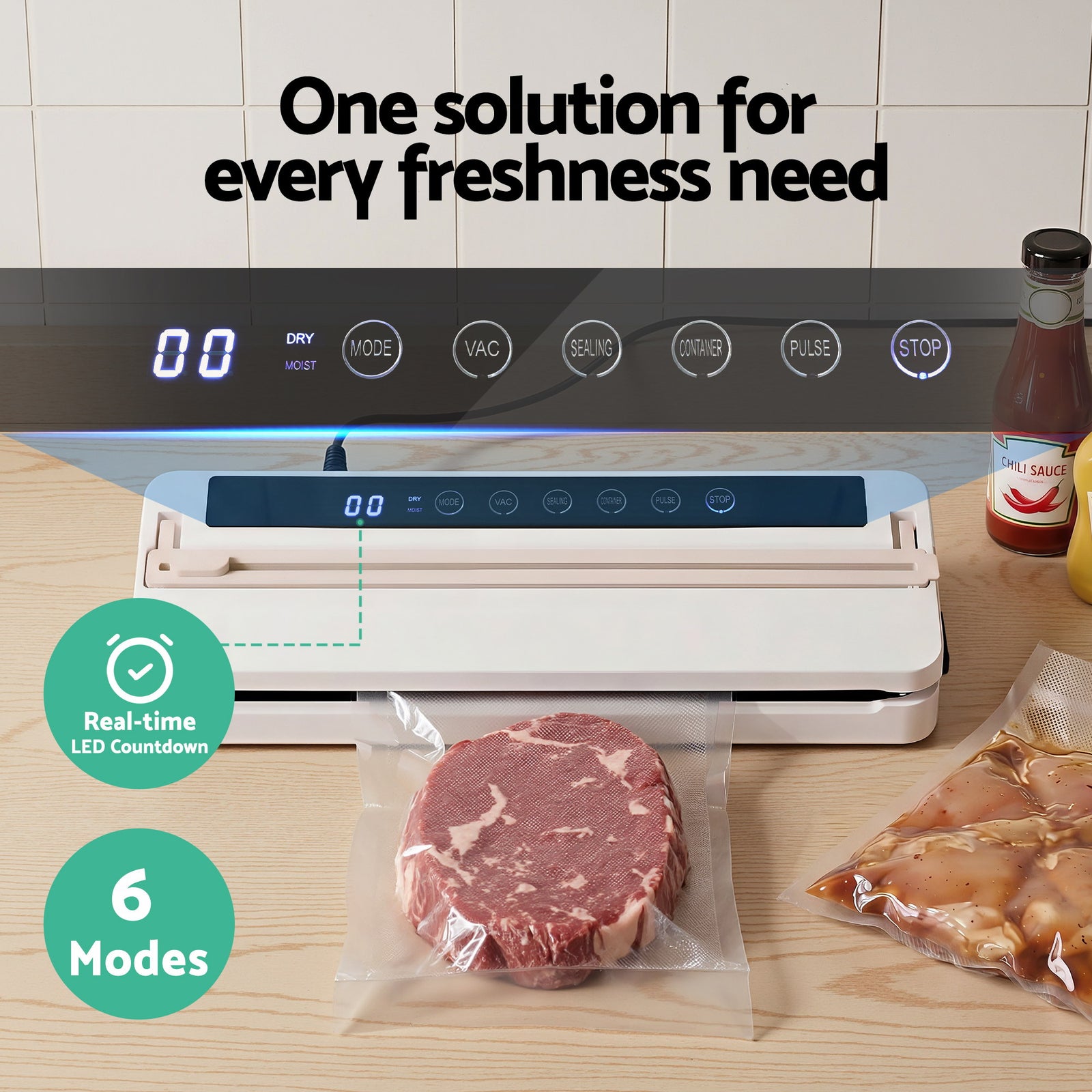 Devanti Food Vacuum Sealer Machine Fresh Storage Auto Seal Slide Cutter 6 Modes White