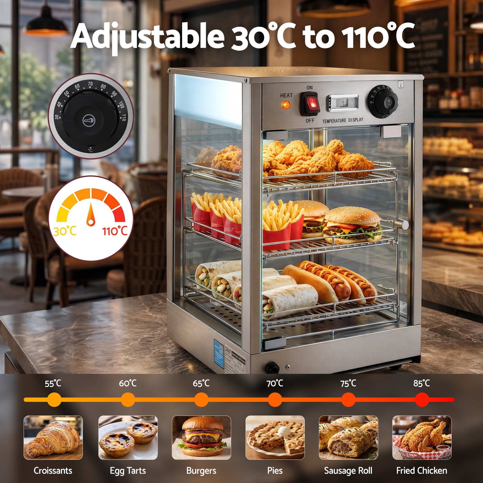 Devanti Commercial Food Warmer 850W 3 Shelf Heated Display Cabinet