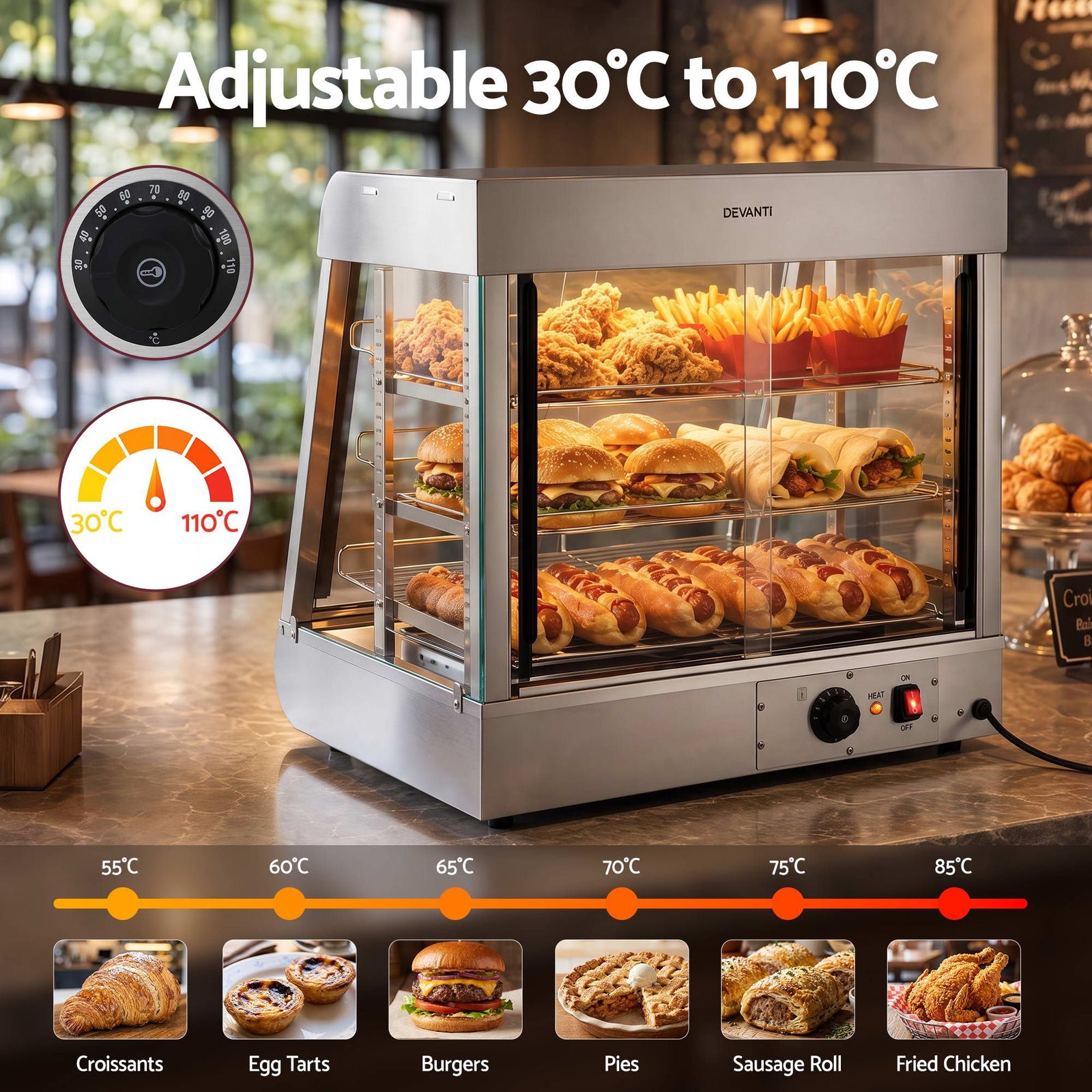 Devanti Commercial Food Warmer 1500W 3 Shelf Heated Display Cabinet