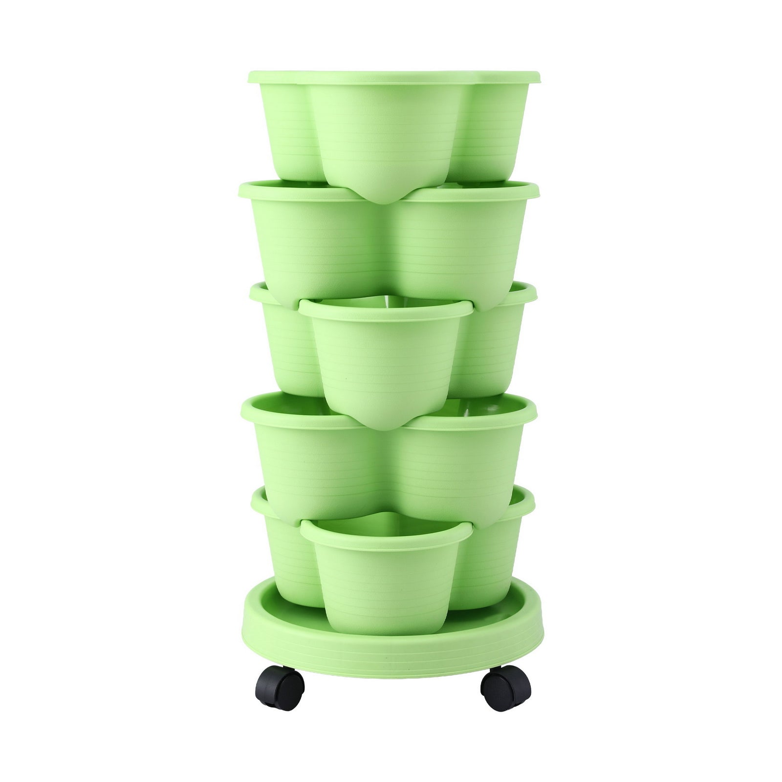 Green Fingers 5 Tier Vertical Garden Planter, Stackable Planters with Wheels, Light Green, Garden Bed, Garden Tower Indoor Outdoor, Auto Drainage System, for Strawberries, Herbs, Flowers, Vegetables