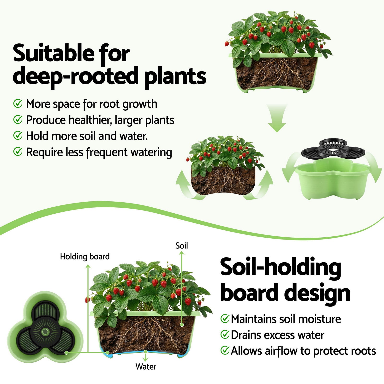 Green Fingers 5 Tier Vertical Garden Planter, Stackable Planters with Wheels, Light Green, Garden Bed, Garden Tower Indoor Outdoor, Auto Drainage System, for Strawberries, Herbs, Flowers, Vegetables