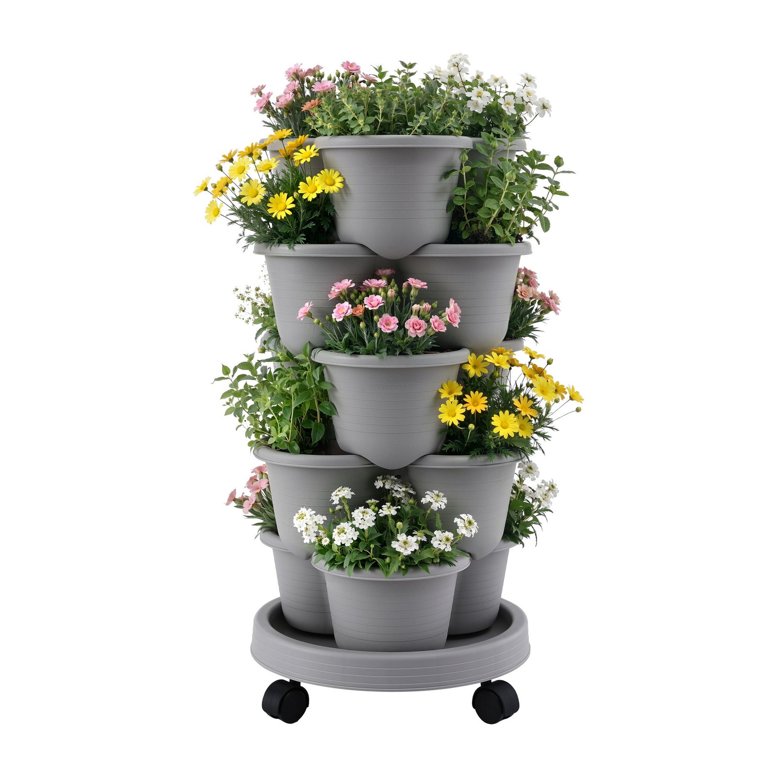 Green Fingers 5 Tier Vertical Garden Planter, Stackable Planters with 4 Wheels, Grey, Raised Garden Bed, Garden Tower Indoor Outdoor, Auto Drainage System, for Strawberries, Herbs, Flower, Vegetables