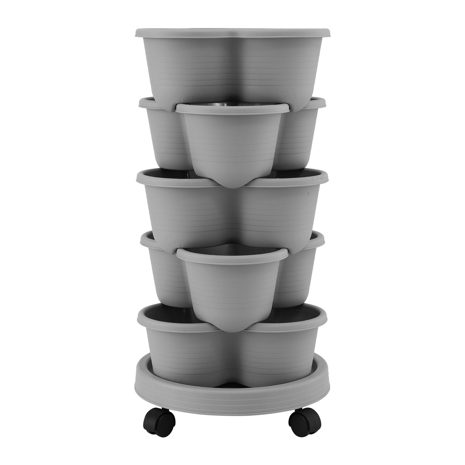 Green Fingers 5 Tier Vertical Garden Planter, Stackable Planters with 4 Wheels, Grey, Raised Garden Bed, Garden Tower Indoor Outdoor, Auto Drainage System, for Strawberries, Herbs, Flower, Vegetables