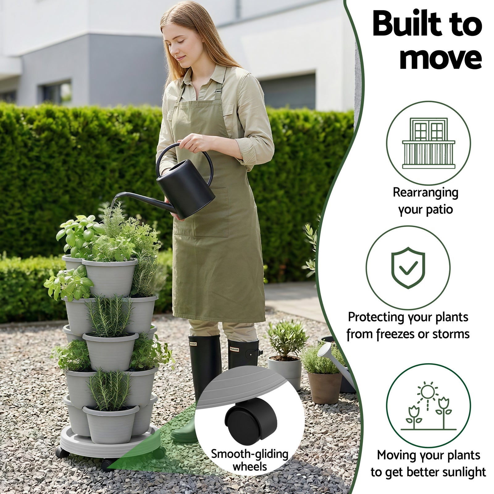 Green Fingers 5 Tier Vertical Garden Planter, Stackable Planters with 4 Wheels, Grey, Raised Garden Bed, Garden Tower Indoor Outdoor, Auto Drainage System, for Strawberries, Herbs, Flower, Vegetables