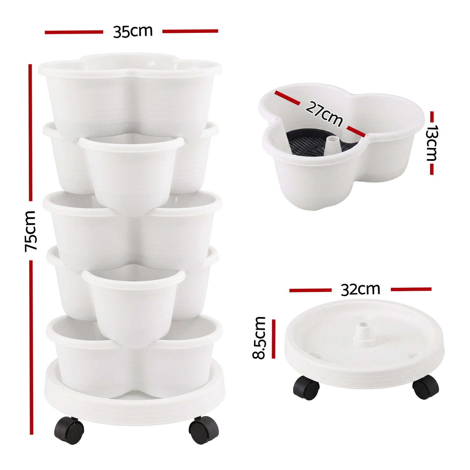 Green Fingers 5 Tier Vertical Garden Planter, Stackable Planters with Wheels, White, Garden Bed, Garden Tower Indoor Outdoor, Auto Drainage System, for Strawberries, Herbs, Flowers, Vegetables