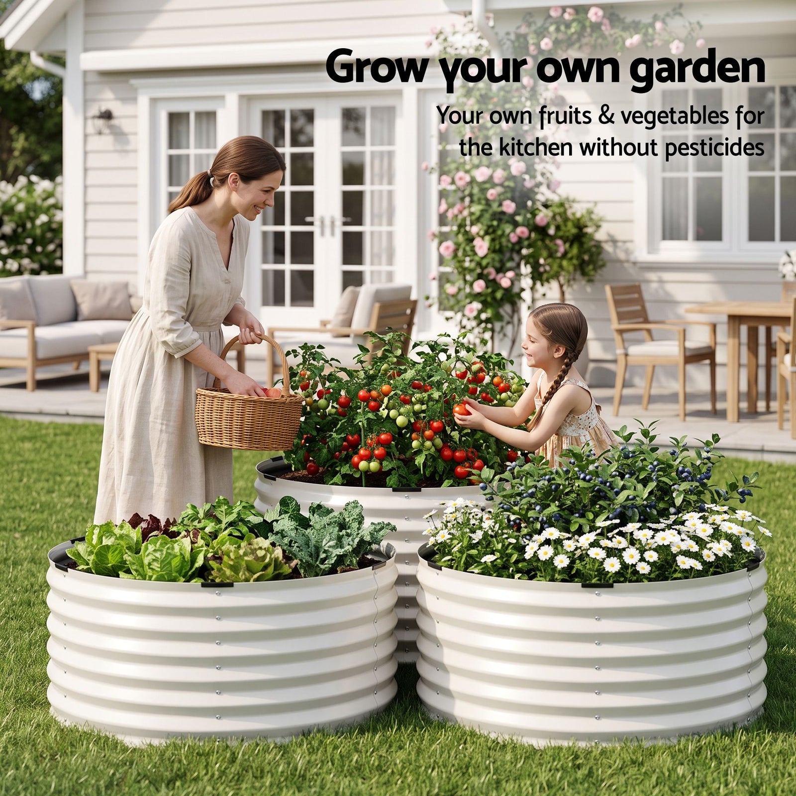 Green Fingers Round Metal Raised Garden Bed 90x45cm Planter Box White