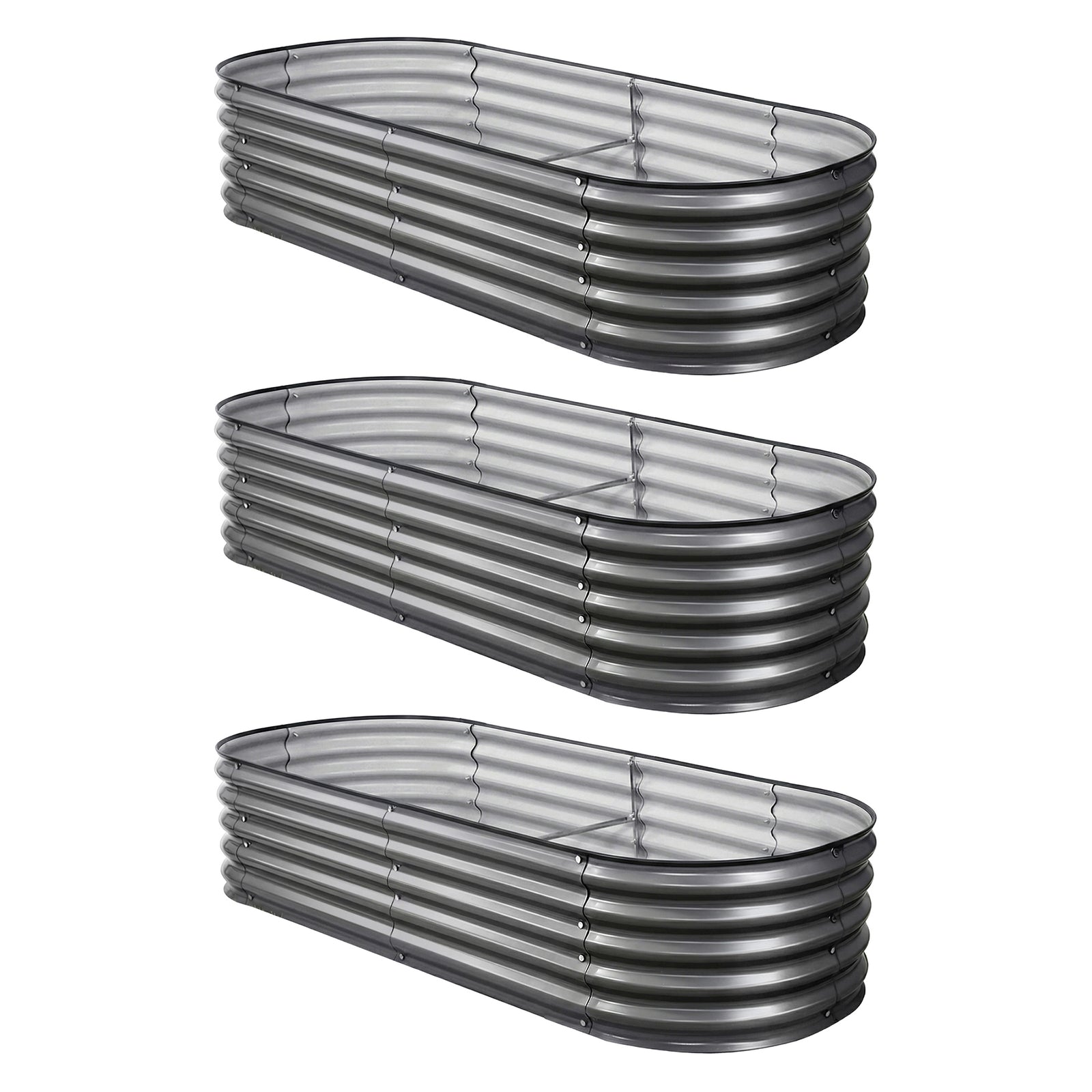 Green Fingers 3 Pcs Raised Garden Bed Kit Oval Galvanized Steel Planter Boxes 160x80x42cm, Heavy Duty Metal Elevated Garden Bed for Vegetables Flowers Herbs, with Safety Edging, Gloves & Pegs Included