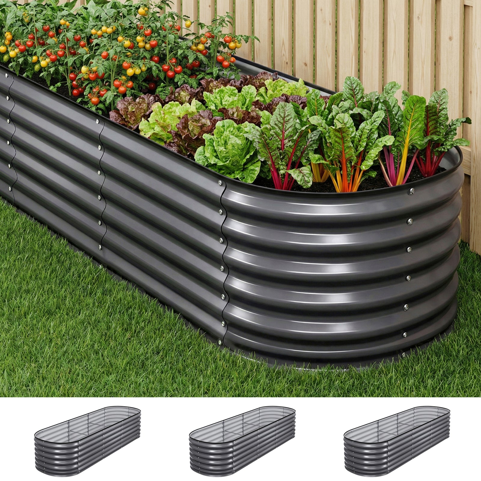 Green Fingers 3 Pcs Raised Garden Bed Kit Oval Galvanized Steel Planter Boxes 240x80x56cm, Heavy Duty Metal Elevated Garden Bed for Vegetables Flowers Herbs, with Safety Edging, Gloves & Pegs Included