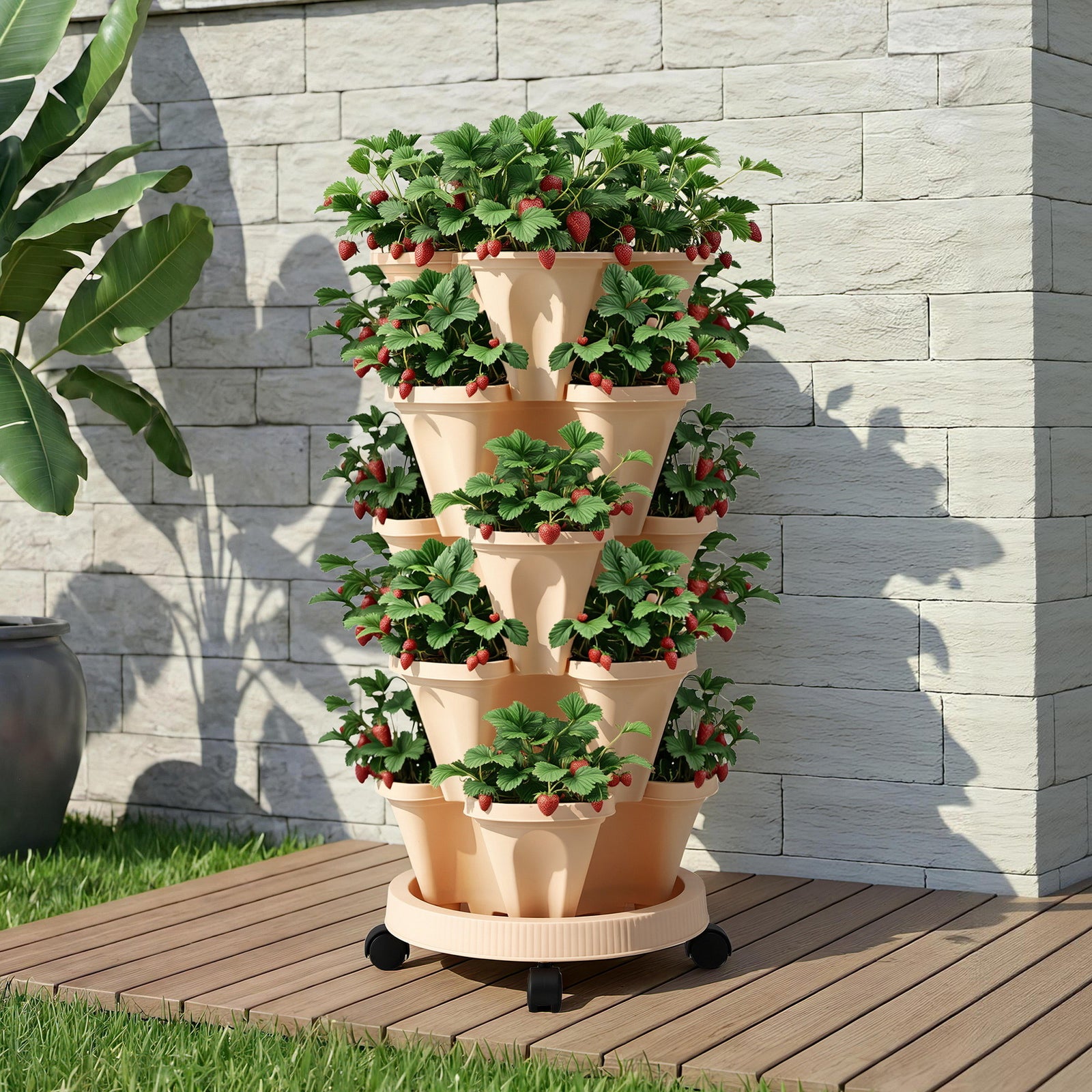 Green Fingers Garden Bed 5 Tier Vertical Garden Grey Strawberry Stackable Planters Herbs Beige