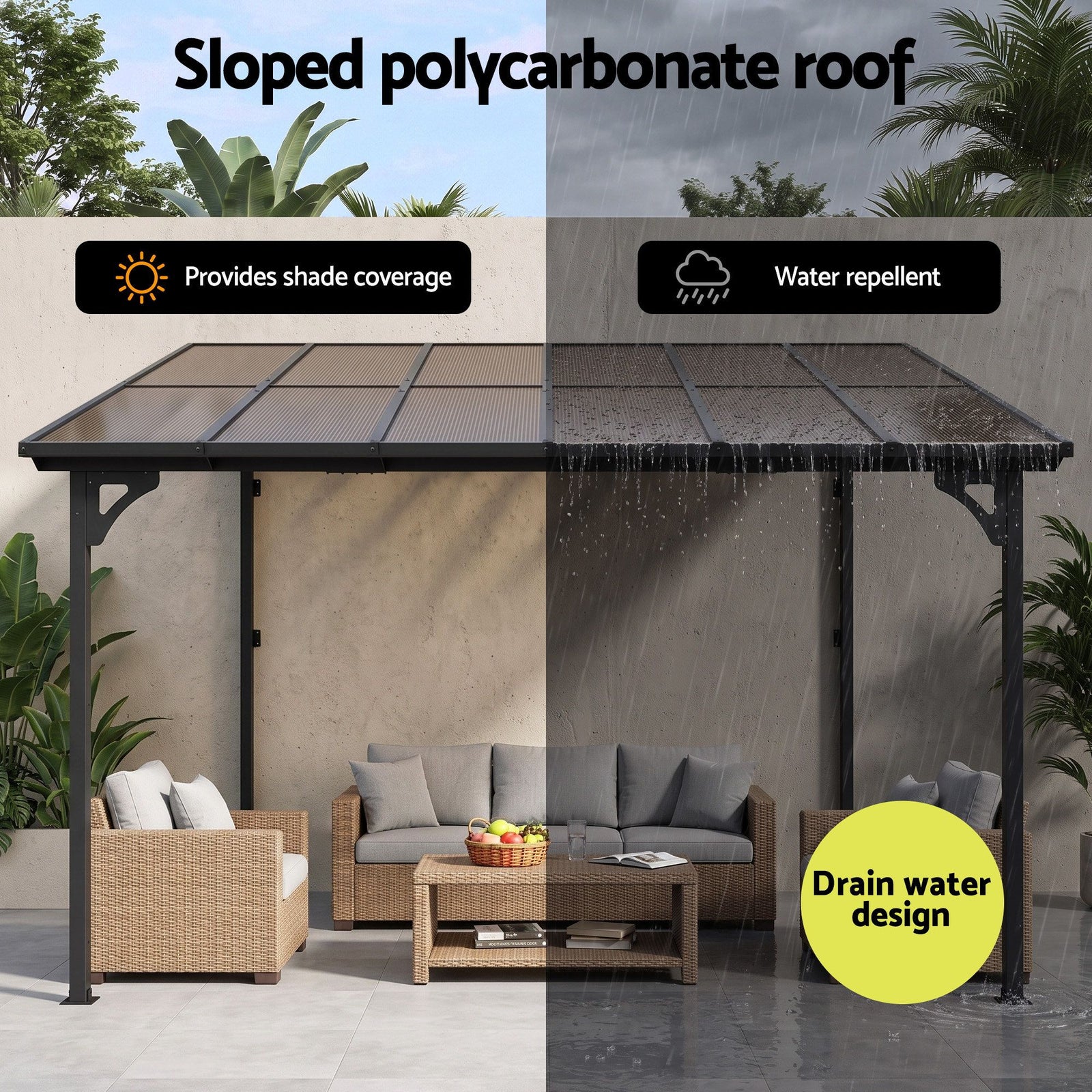 Instahut Gazebo Lean-To Pergola Garden Patio Polycarbonate 356cm X 275cm Brown