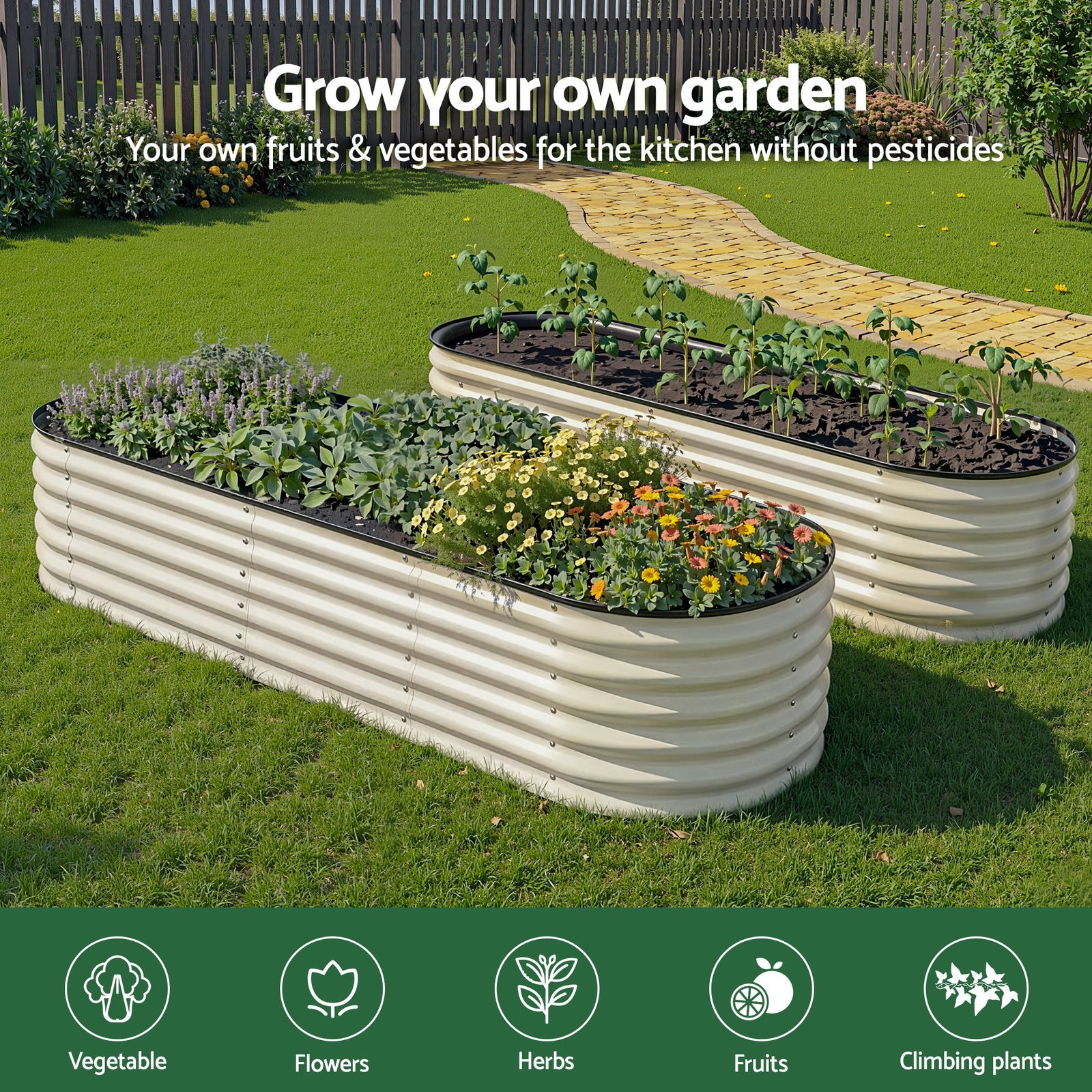 Green Fingers Oval Raised Garden Bed Galvanised Planter Box Rust Resistant 240x60x45cm White