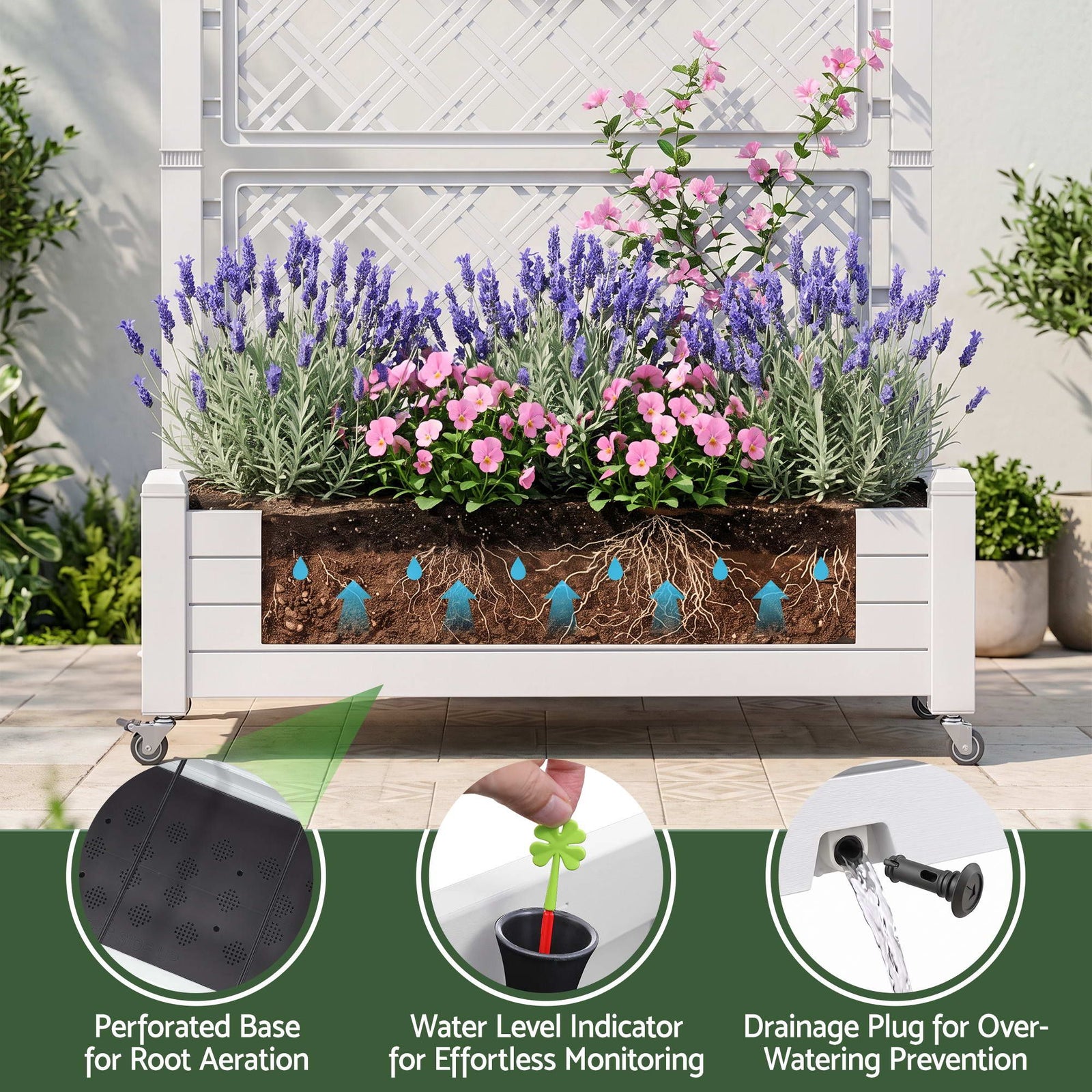 Green Fingers Mobile Planter Box with Trellis, Self Watering Garden Bed & Privacy Screen for Climbing Plants Flowers, White