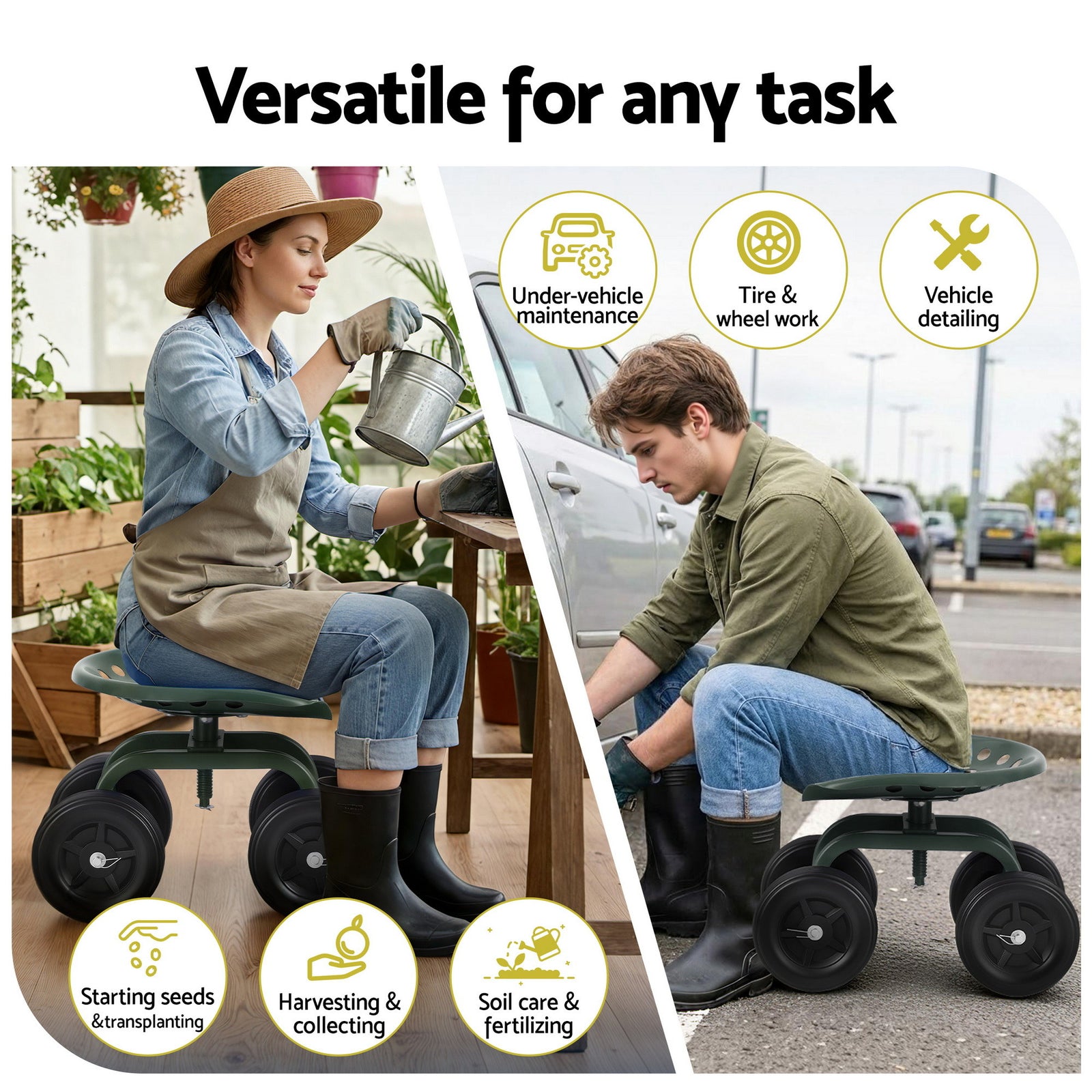 Gardeon Garden Seat 360 Swivel Rolling Adjustable Height Work Scooter Cart Wheels Heavy Duty 150kg