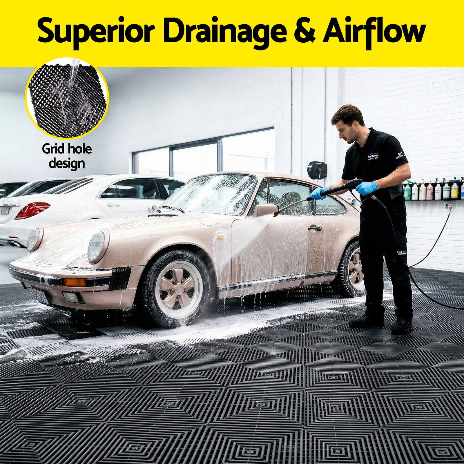 Giantz 20PCS Garage Floor Tiles Interlocking Drainage Non-Slip Tiles Heavy Duty for Workshop Black