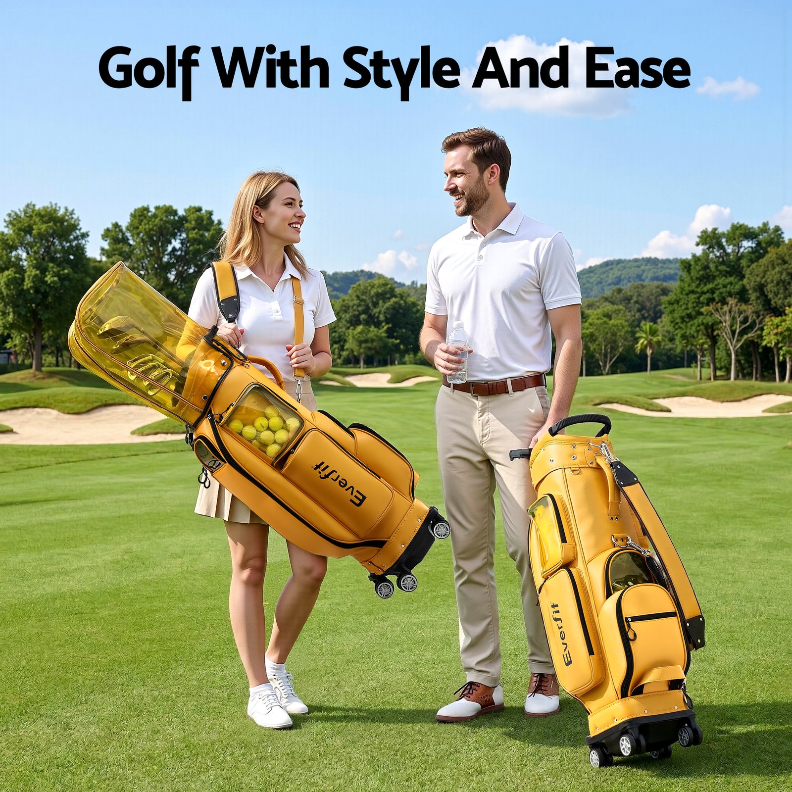 Everfit Golf Cart Bag Rolling Buggy Club Organiser Synthetic Leather Yellow