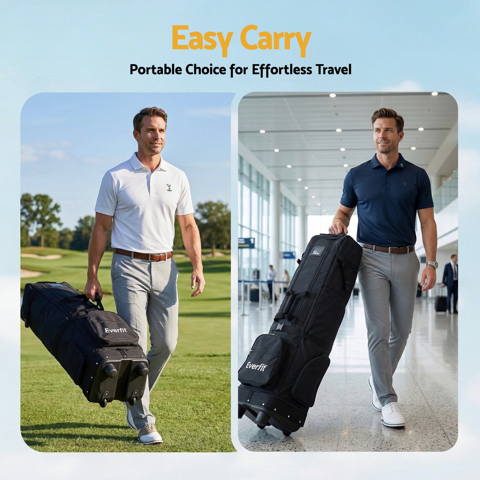 Everfit Golf Travel Bag Flight Cover Foldable Soft Case Wheels Black