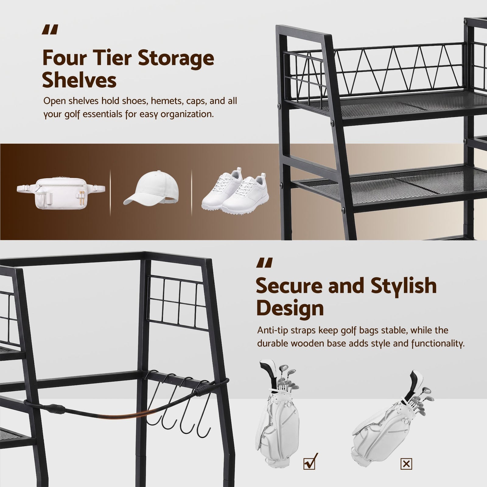Everfit Golf Bag Storage Rack Golf Organizer Hold 1 Bags 4 Shelves