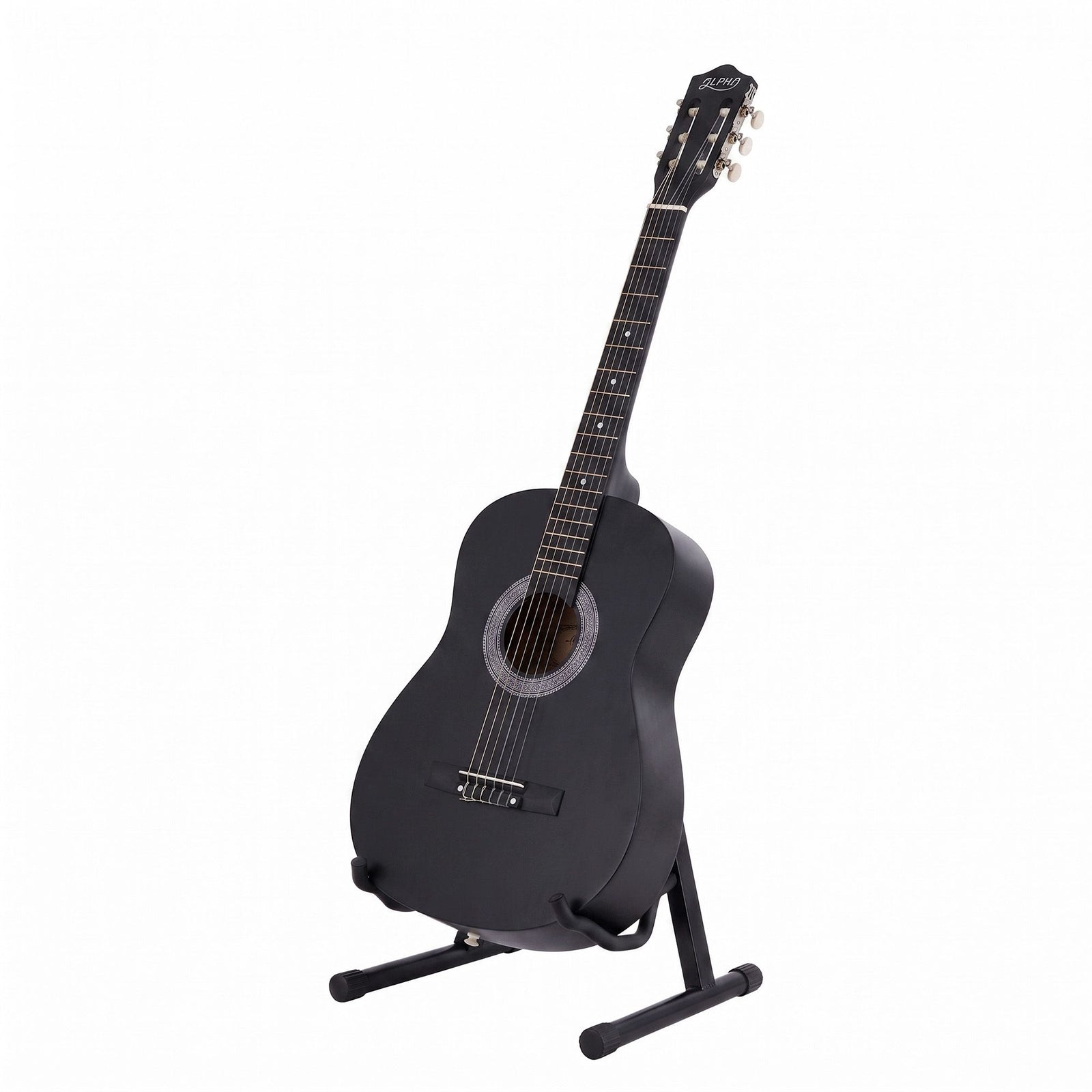 Alpha 38 Inch Classical Acoustic Guitar with Folding Stand Capo and String Set Black