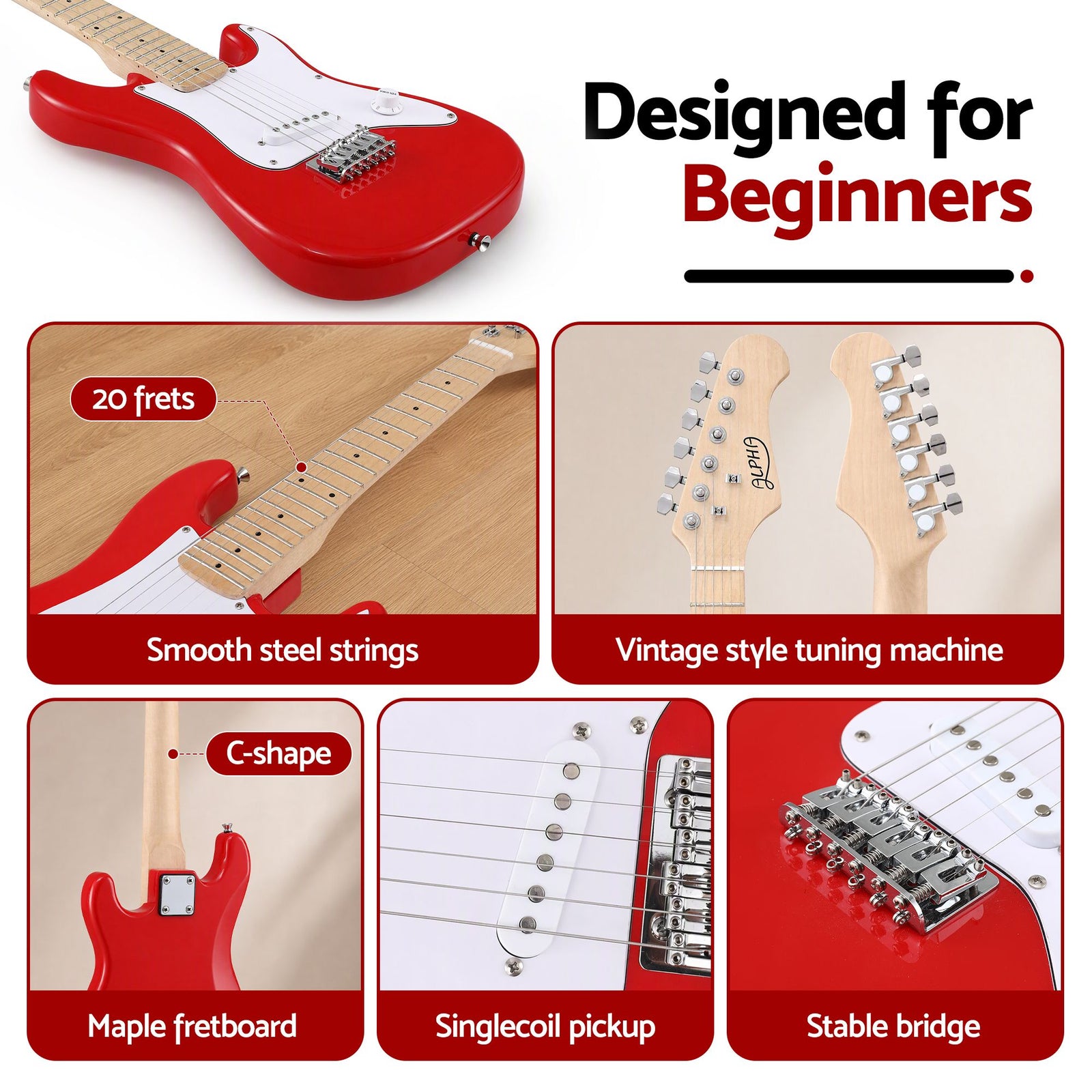 Alpha 30 Inch Junior Electric Guitar Beginner Set with 3W Mini Amp Carry Bag and Accessories Red