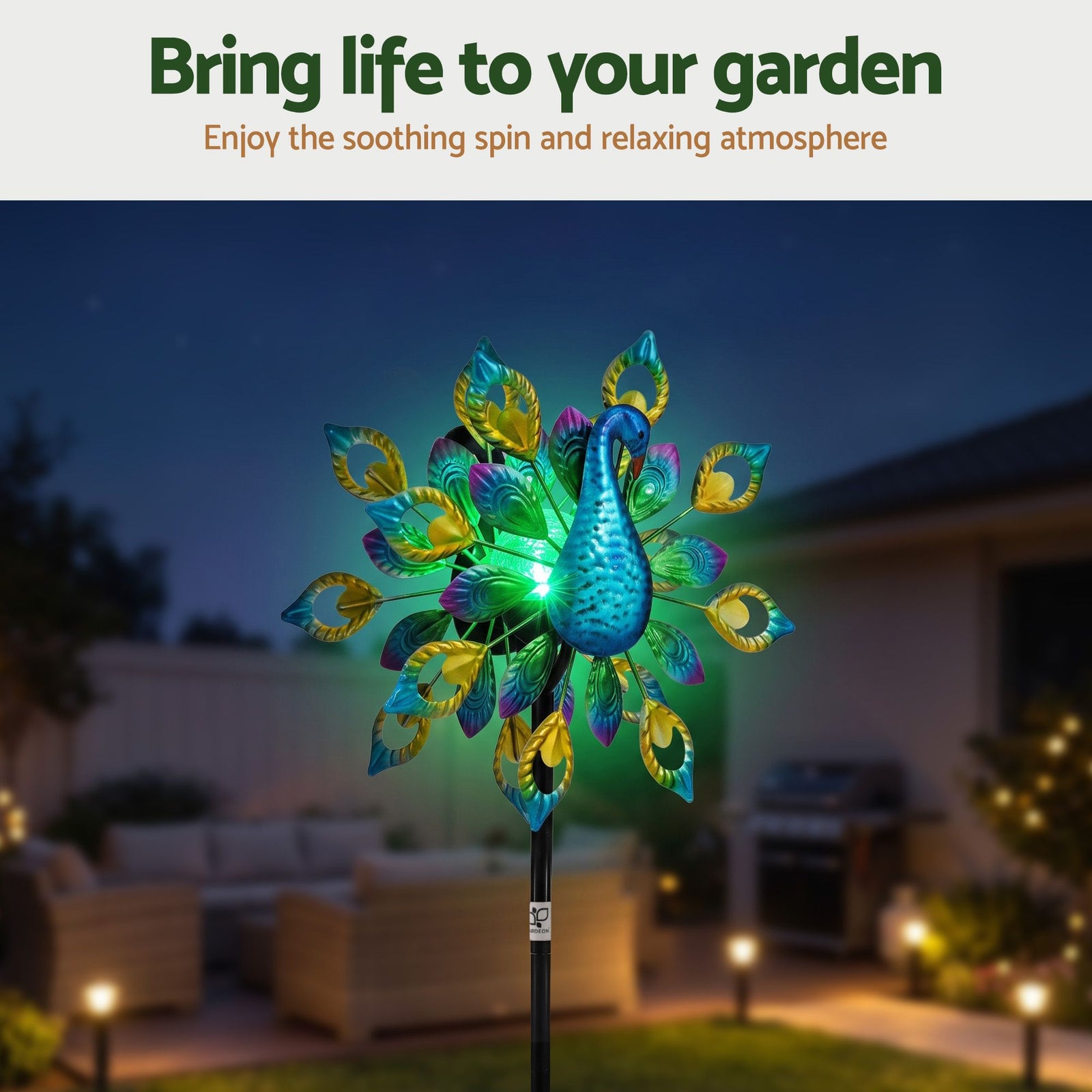 Gardeon Garden Windmill Solar Light Colorful Peacock Metal Spinner 190cm