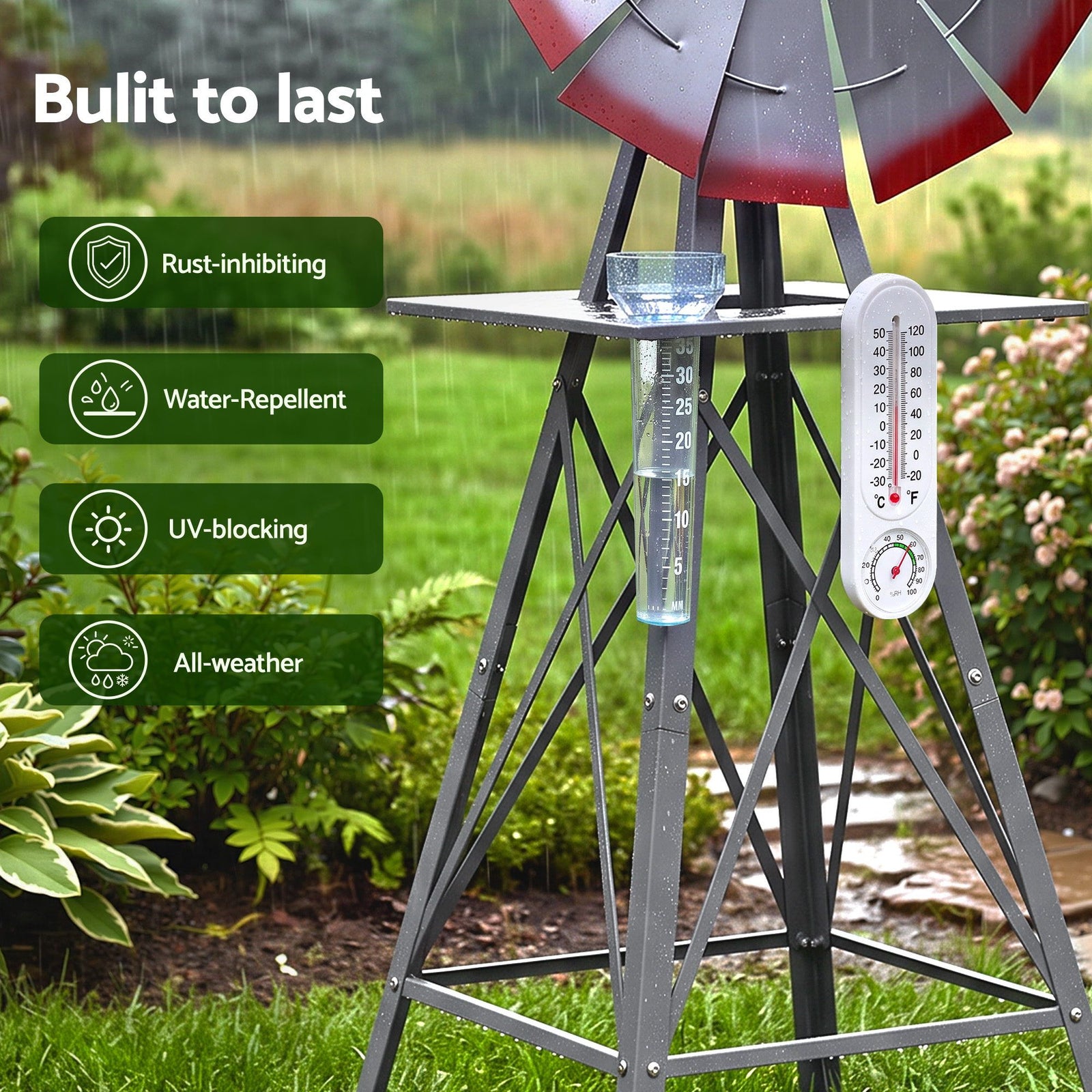 Gardeon Garden Windmill Metal Weather Station with Rain Gauge 122cm Silver
