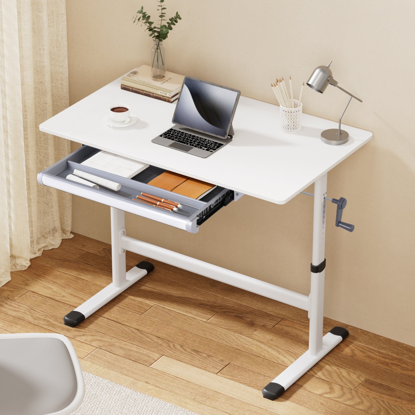 Artiss Manual Standing Desk Height Adjustable Workstation Computer Desks Study 100CM White