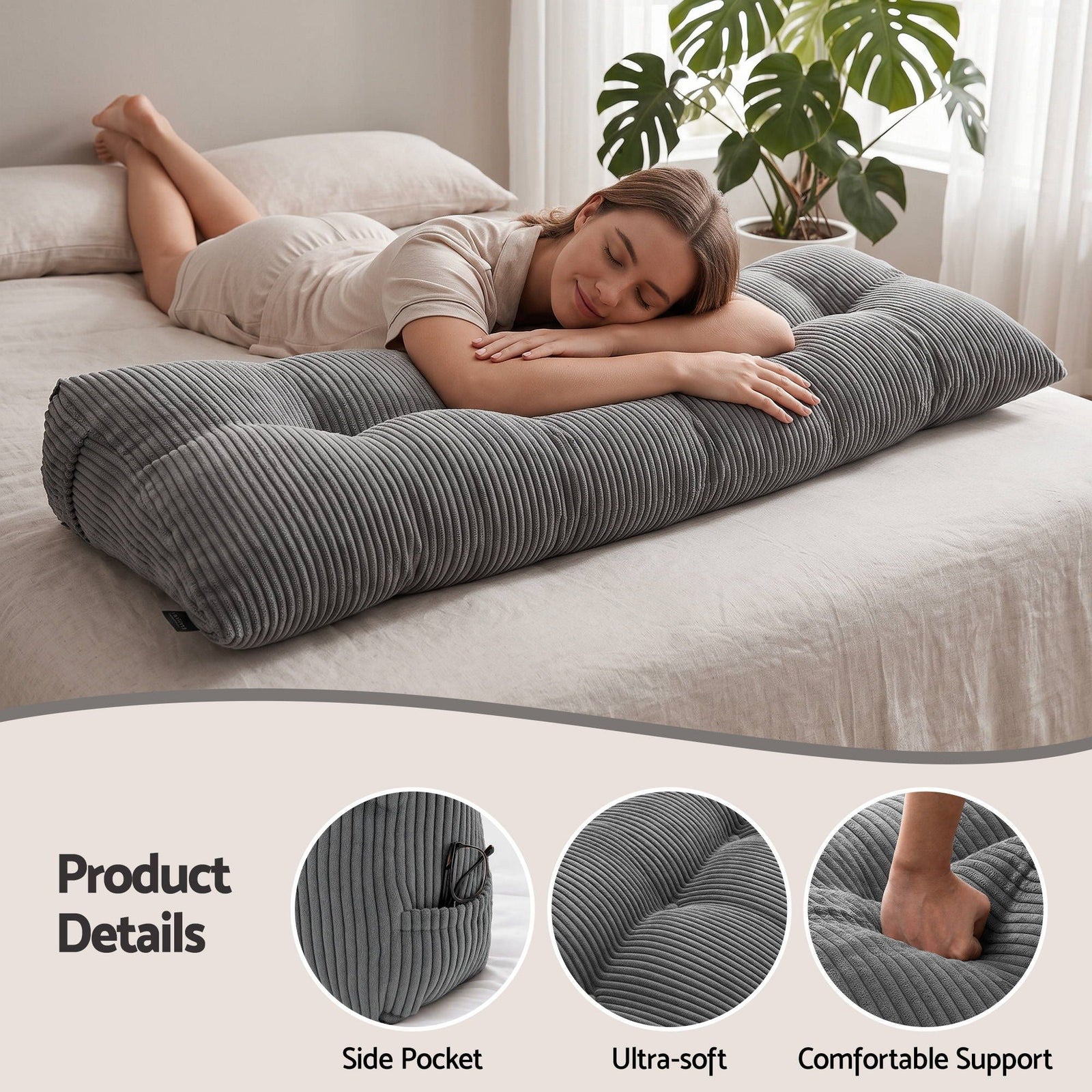 Giselle Headboard Pillow for Sitting in Bed, Upgraded Shredded Foam Reading Wedge Cushion for Lumbar Support, 320g Corduroy Backrest with Side Pockets for Dorm Daybed, Queen