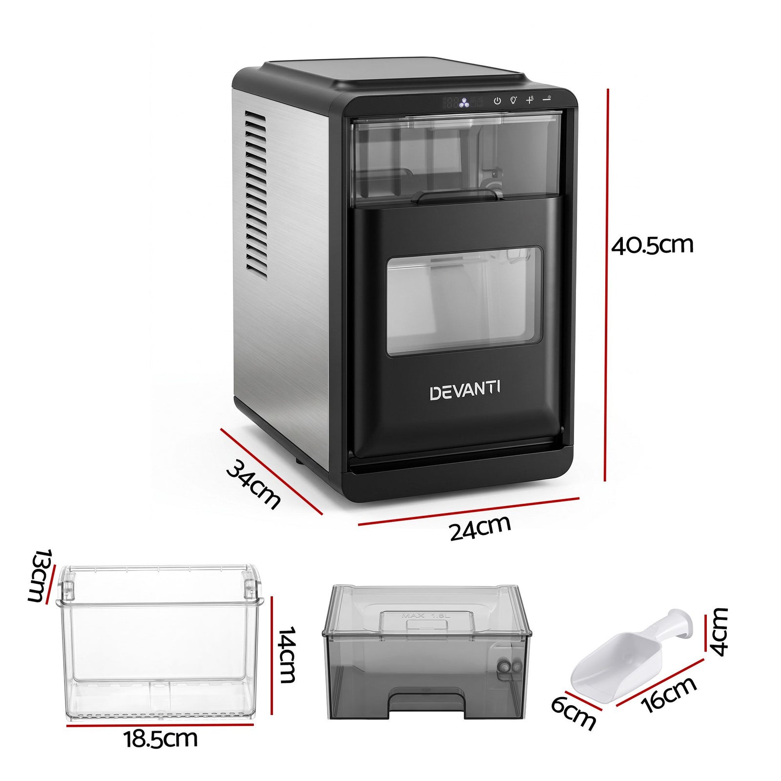 Devanti Ice Maker Crescent Ice 16pcs Countertop Machine 12KG/24H for Home