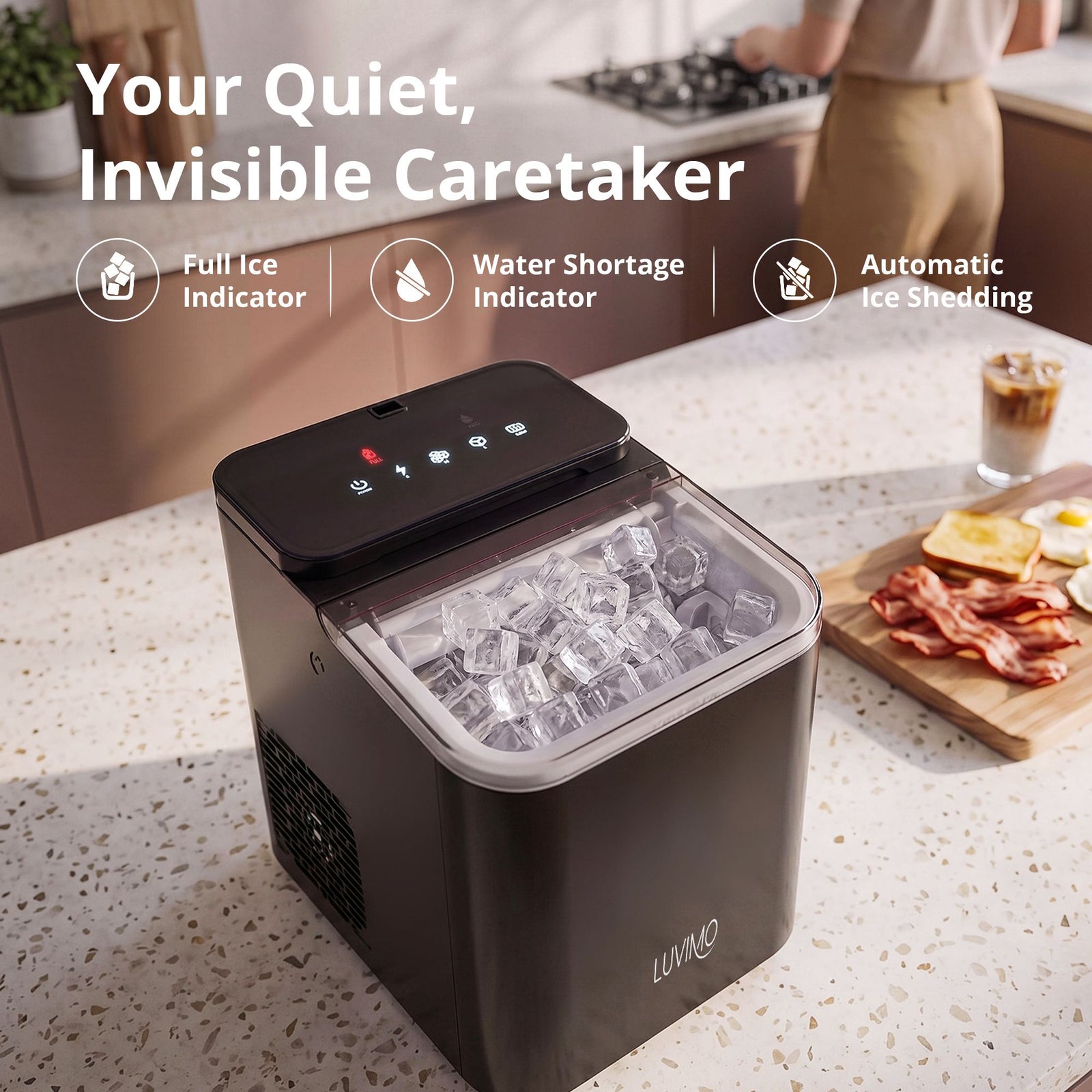 LUVIMO 15kg Ice Maker Machine Double Open Cover Deep Clean - Black
