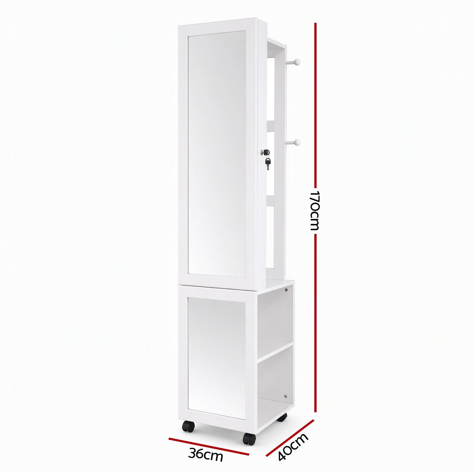 Artiss Lockable Jewellery Cabinet, Mobile Frameless Mirror, White